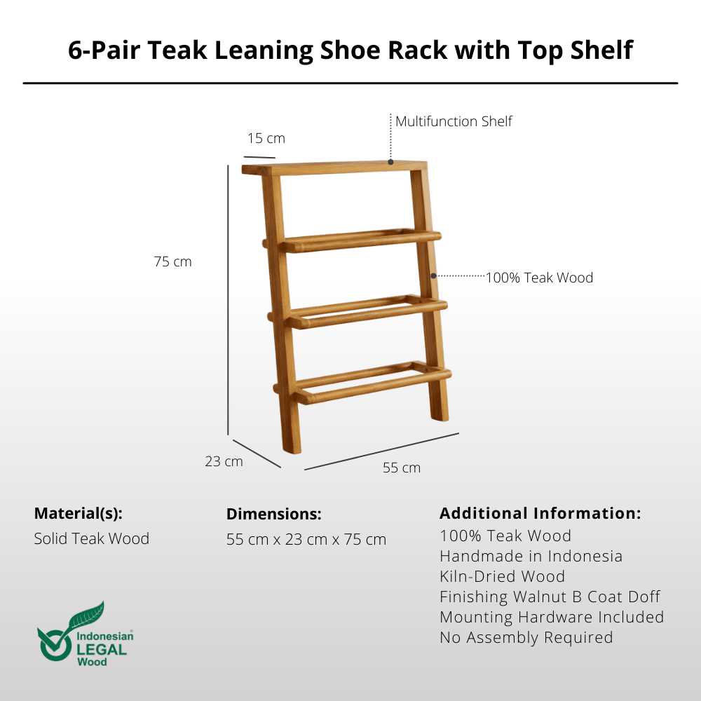 6 - Pair Teak Leaning Shoe Rack with Top Shelf - Shoe Rack - Lagom Home Boutique