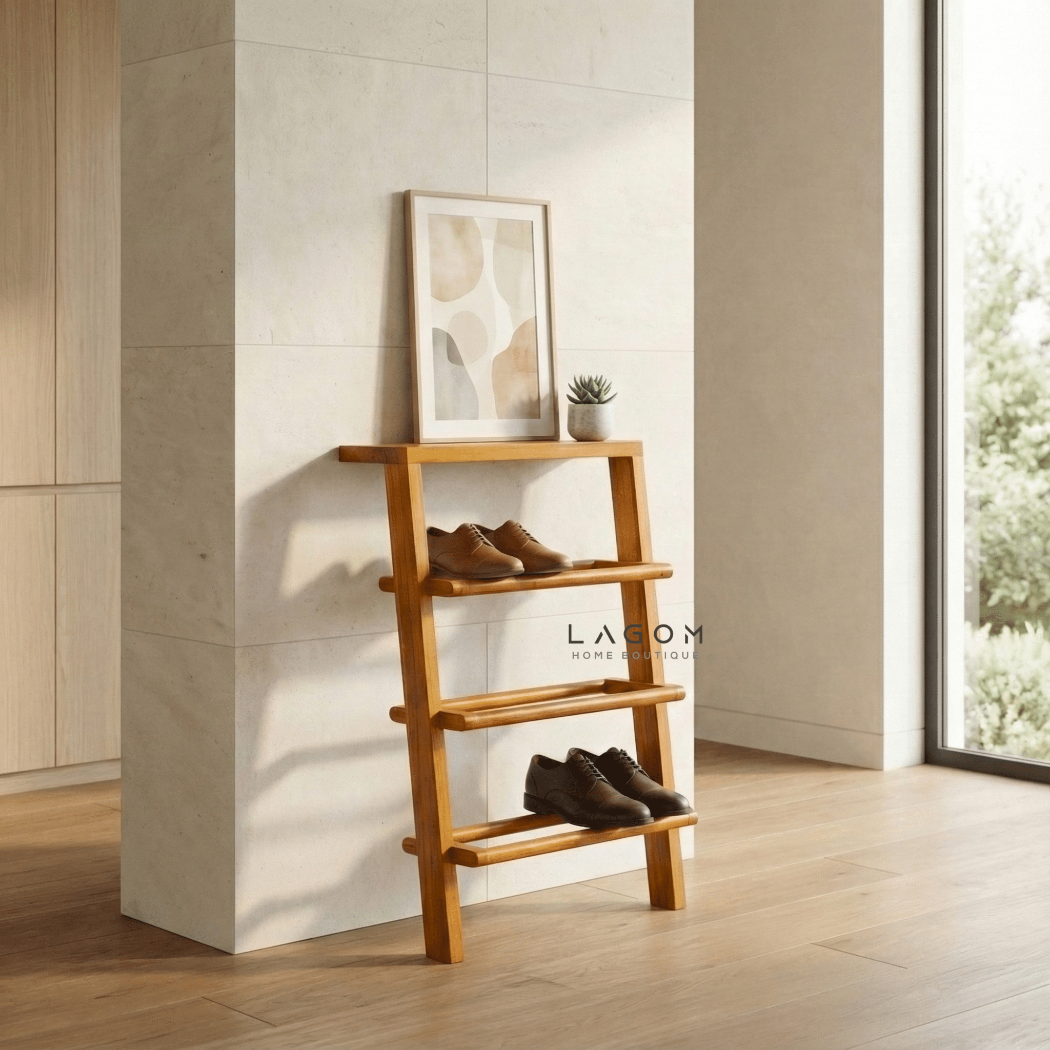 6 - Pair Teak Leaning Shoe Rack with Top Shelf - Shoe Rack - Lagom Home Boutique