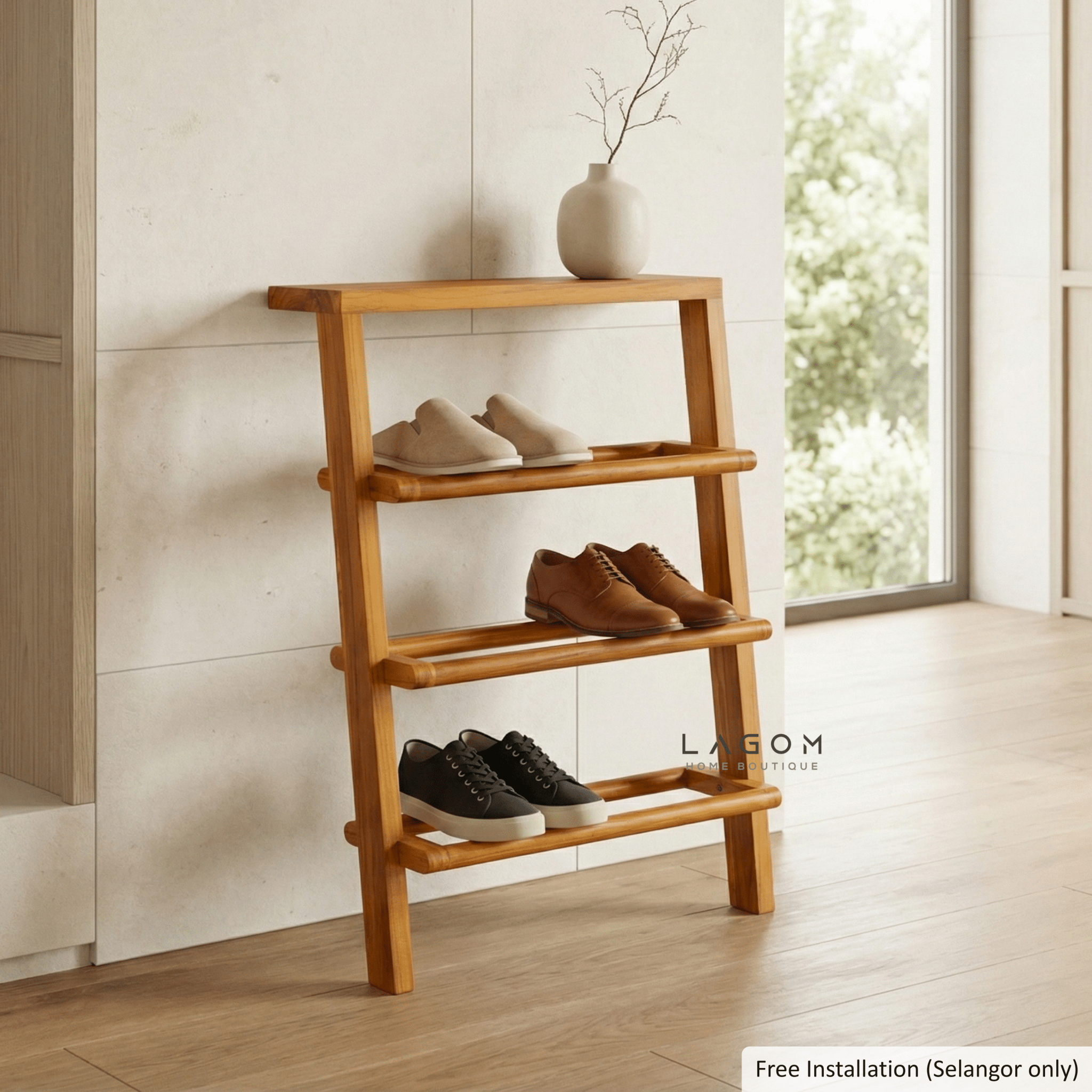 6 - Pair Teak Leaning Shoe Rack with Top Shelf - Shoe Rack - Lagom Home Boutique