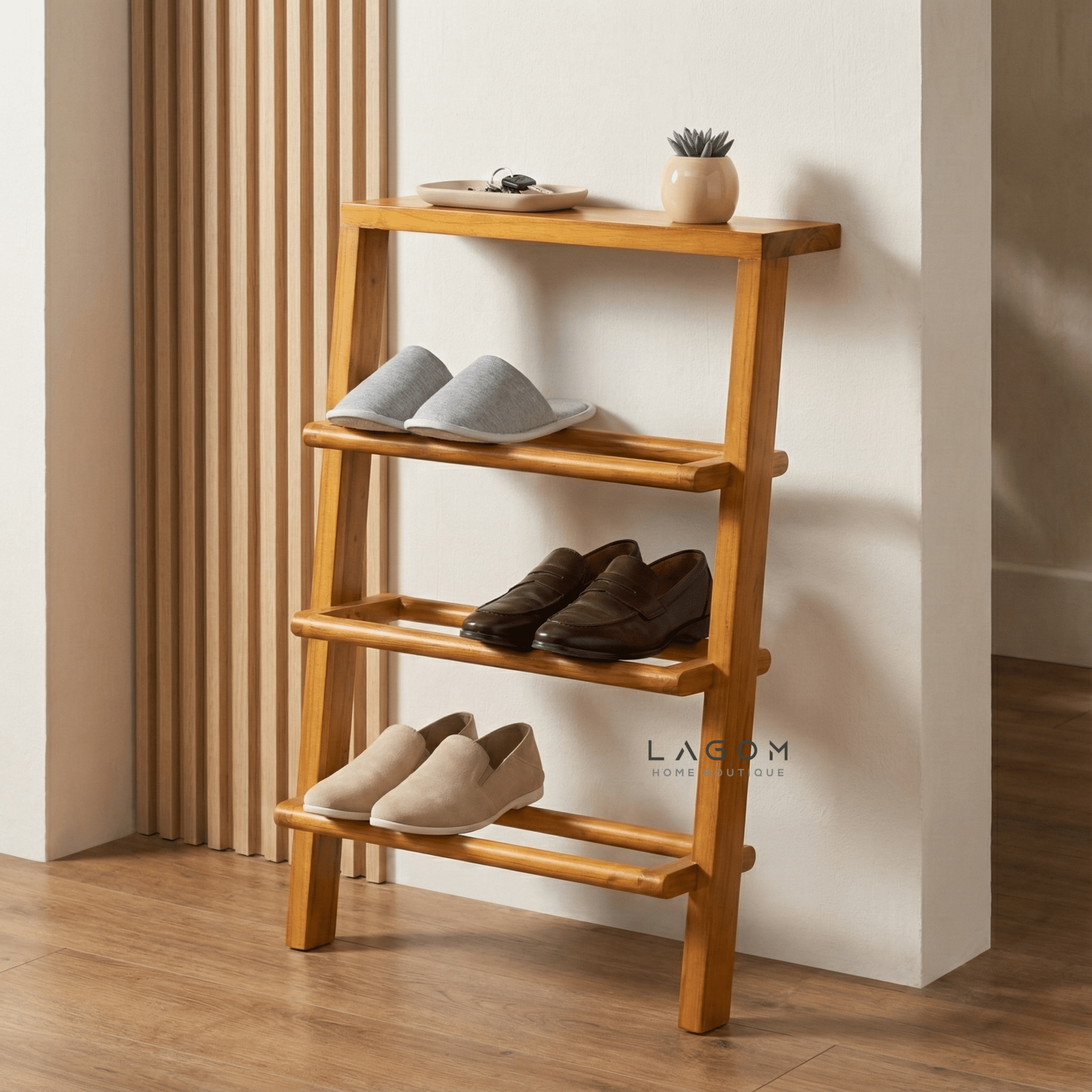 6 - Pair Teak Leaning Shoe Rack with Top Shelf - Shoe Rack - Lagom Home Boutique