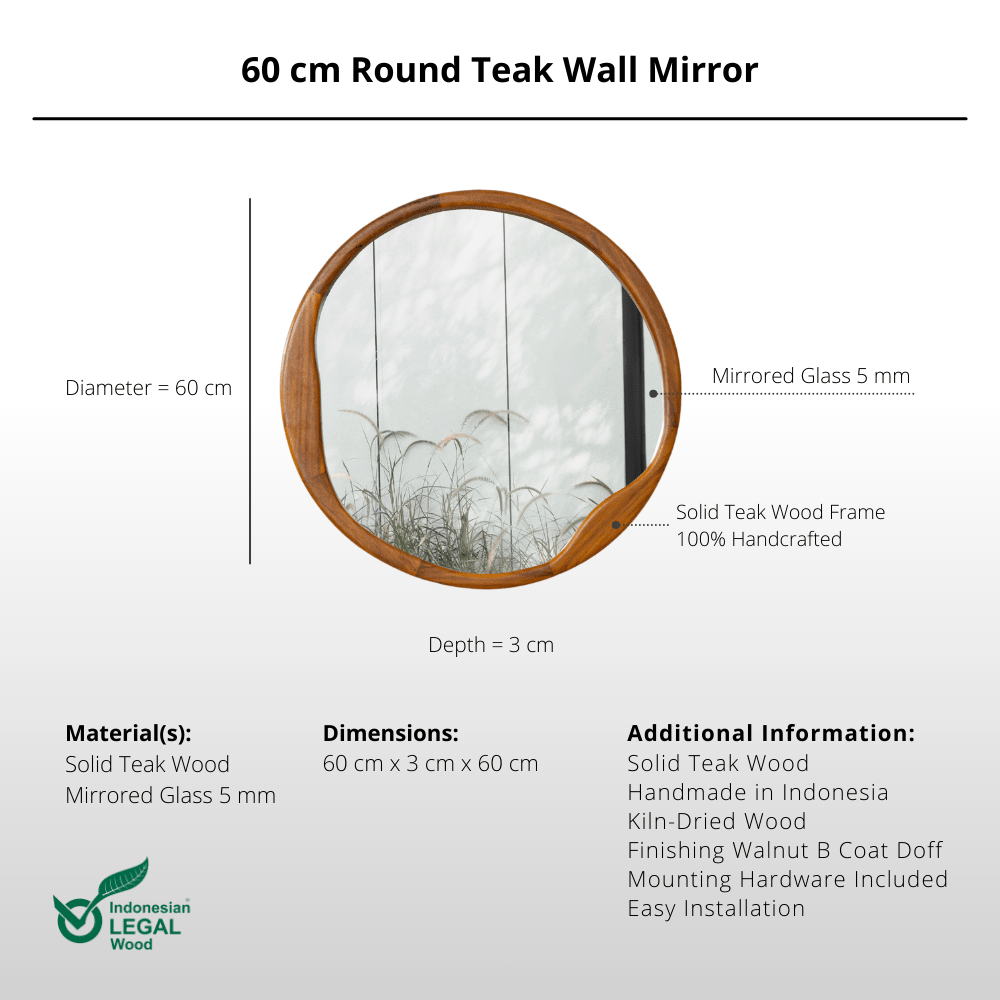 60 cm Round Teak Wall Mirror - Mirror - Lagom Home Boutique
