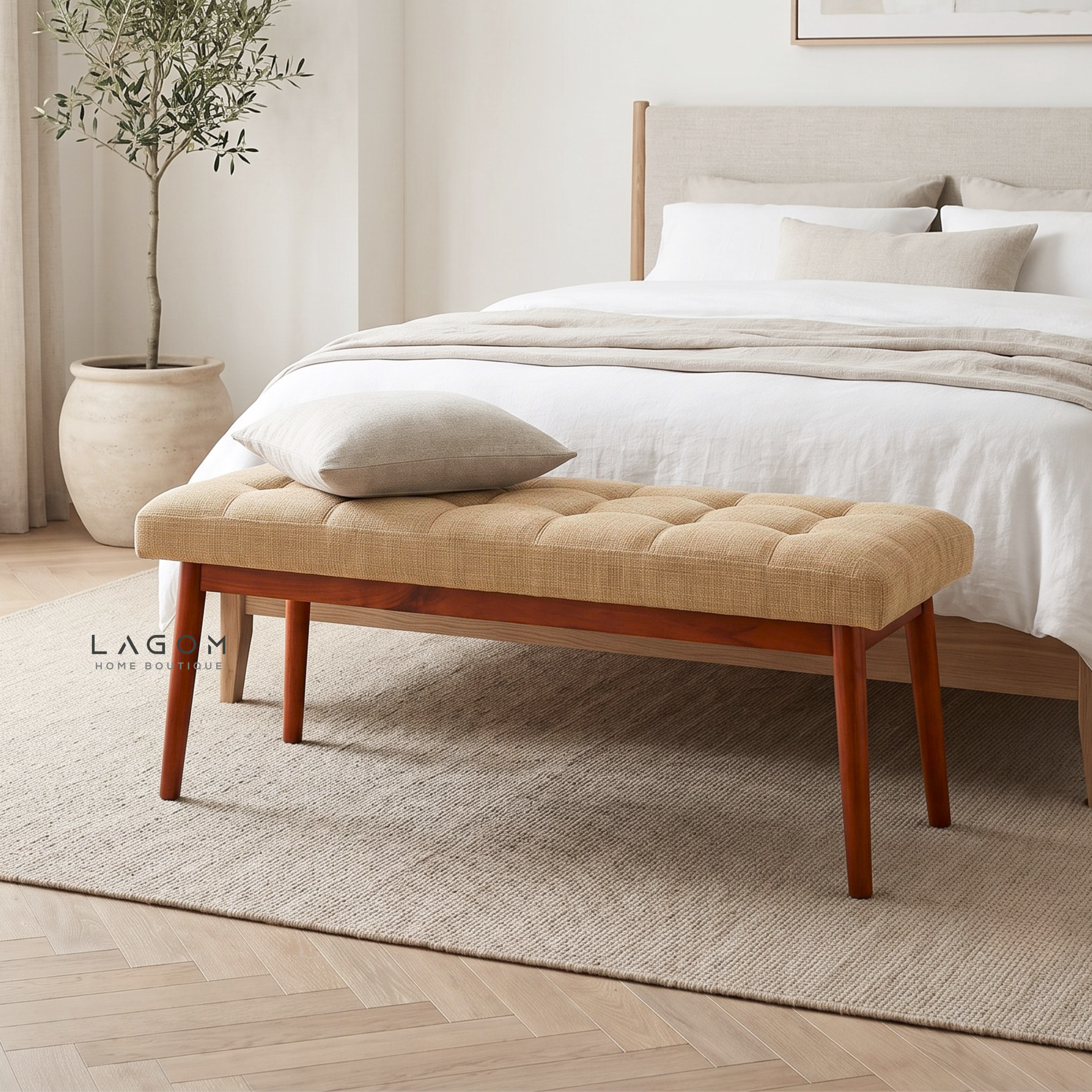 Solid Teak Bench with Tufted Cushion