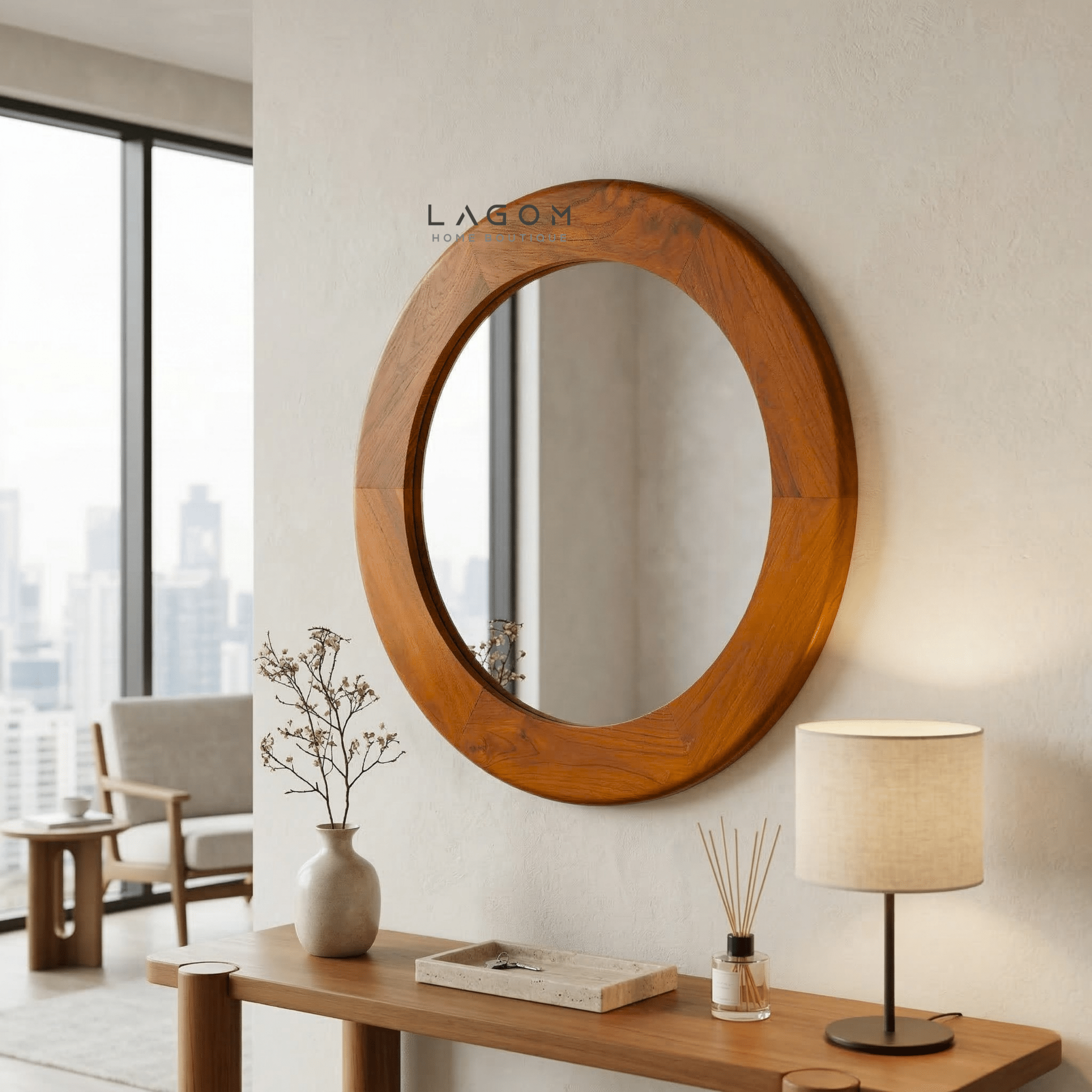 76 cm Round Teak Wall Mirror - Mirror - Lagom Home Boutique