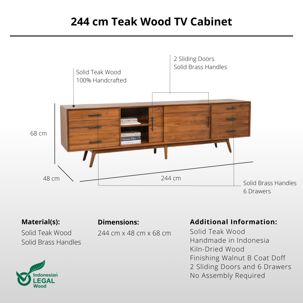 244 cm Teak Wood TV Cabinet with 6 Drawers and 2 Sliding Doors