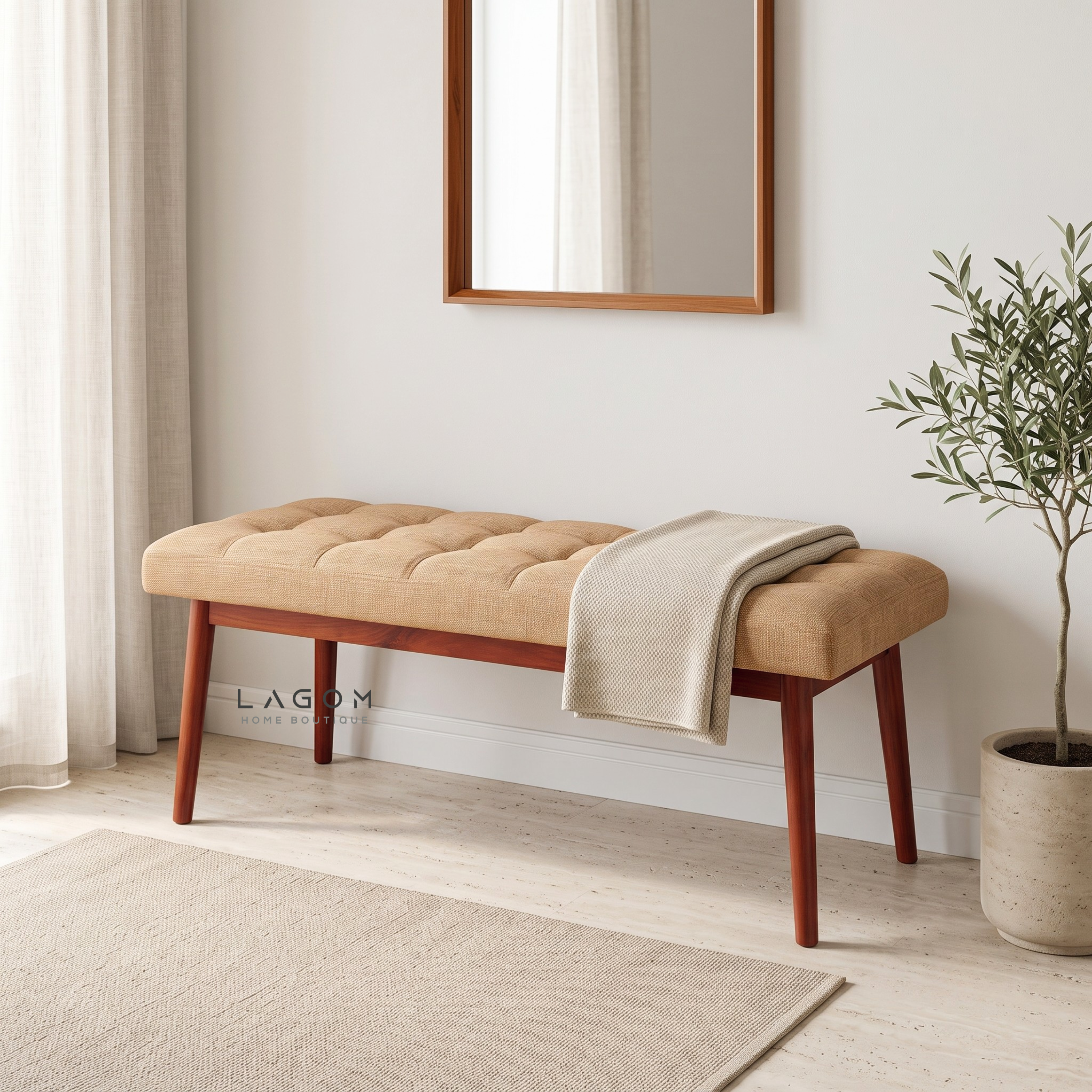 Solid Teak Bench with Tufted Cushion