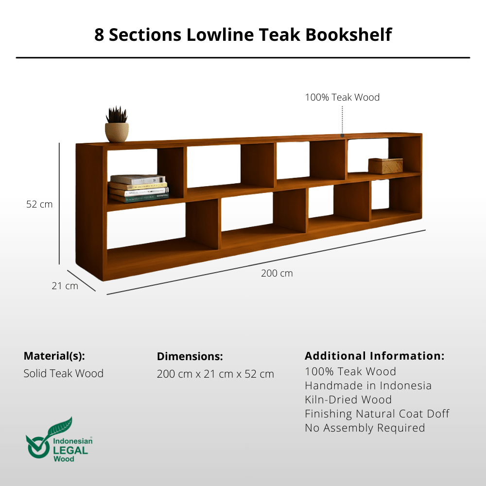 8 Sections Lowline Teak Bookshelf - Bookshelves - Lagom Home Boutique
