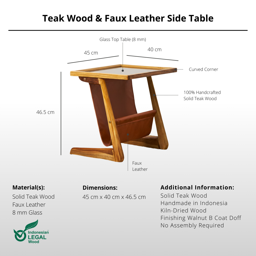 Teak Wood & Faux Leather Side Table