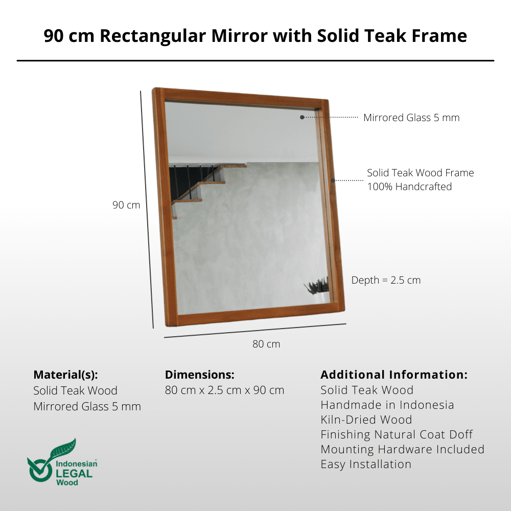 90 cm Rectangular Mirror with Solid Teak Frame - Mirror - Lagom Home Boutique