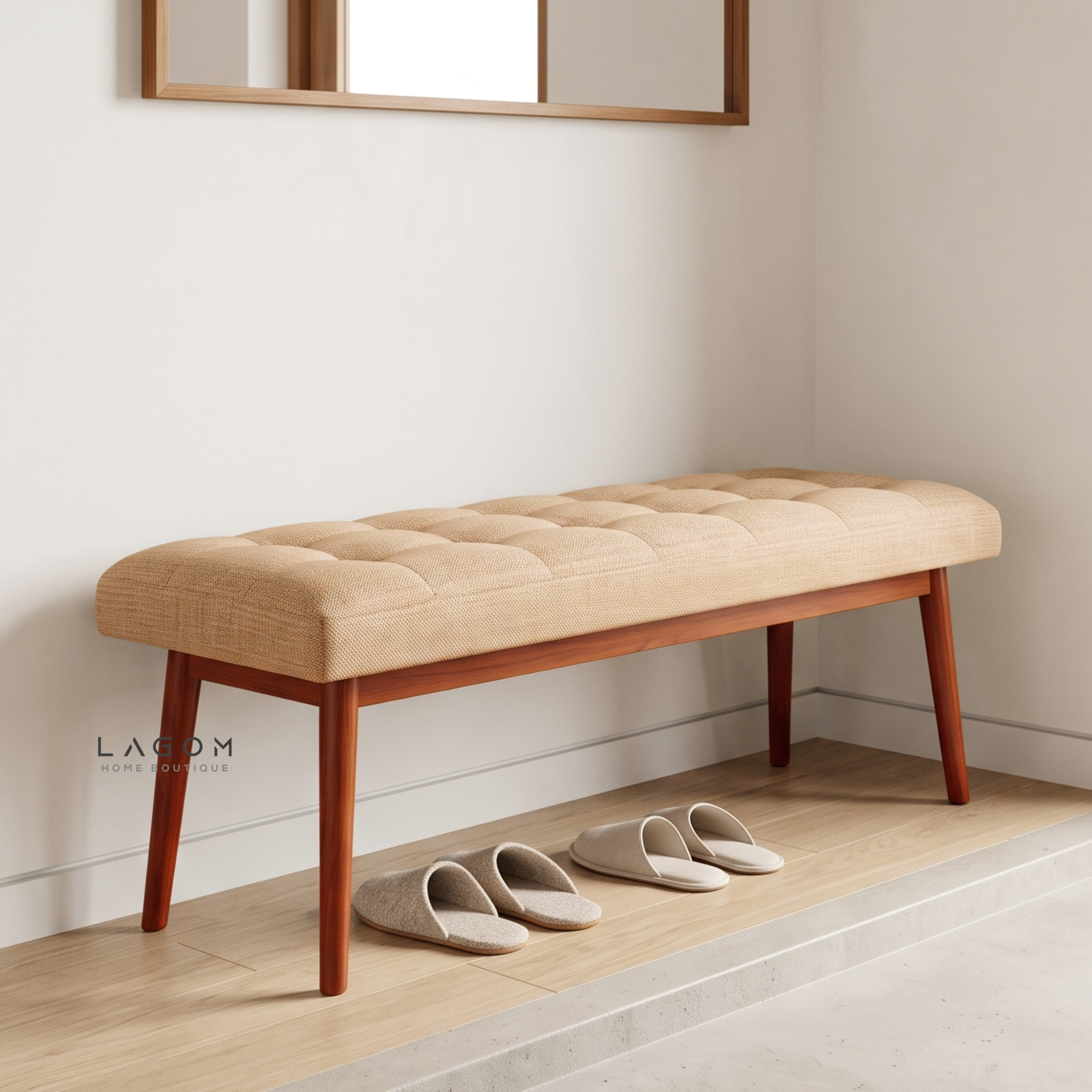 Solid Teak Bench with Tufted Cushion