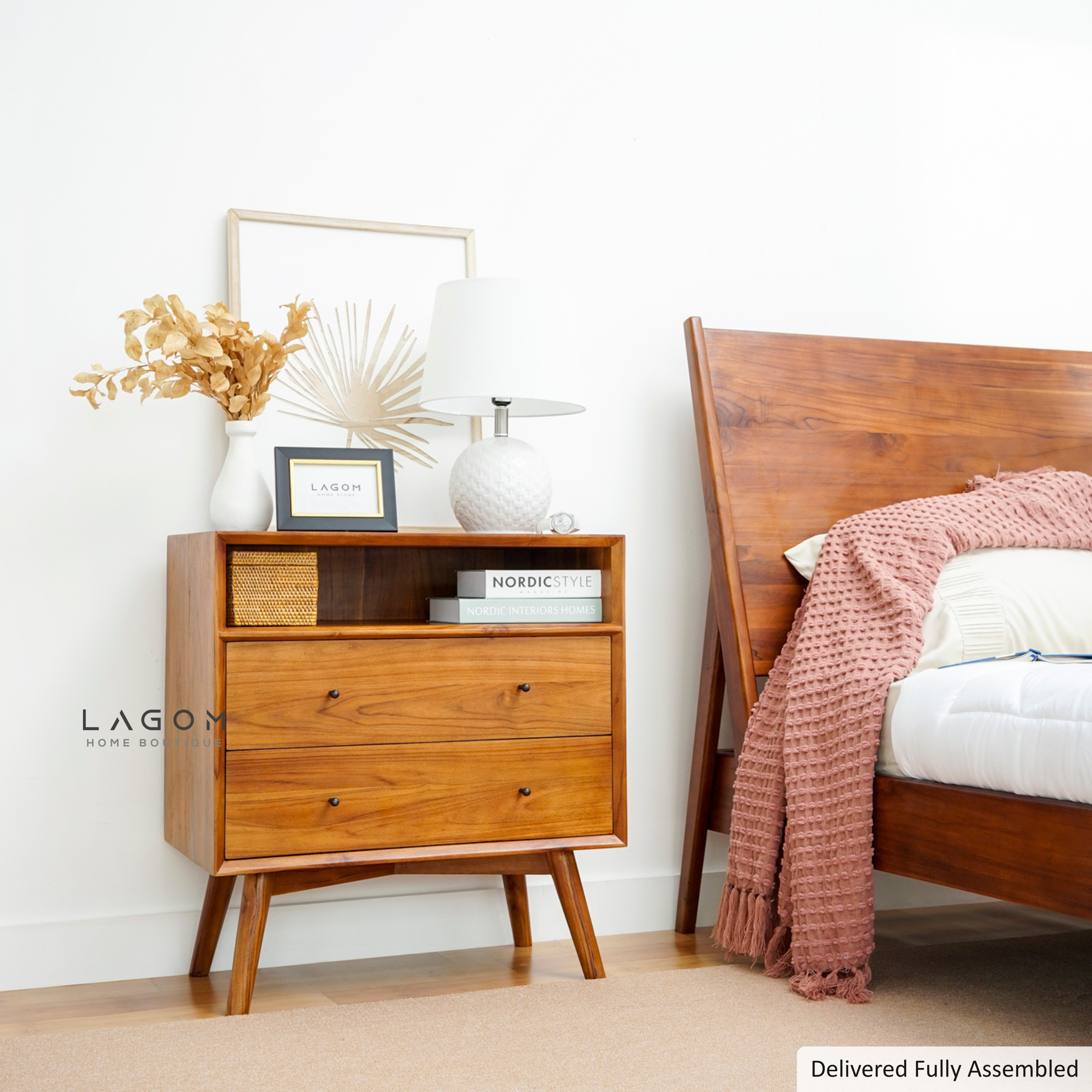 Teak Wood Bedside with Open Shelf and Drawers