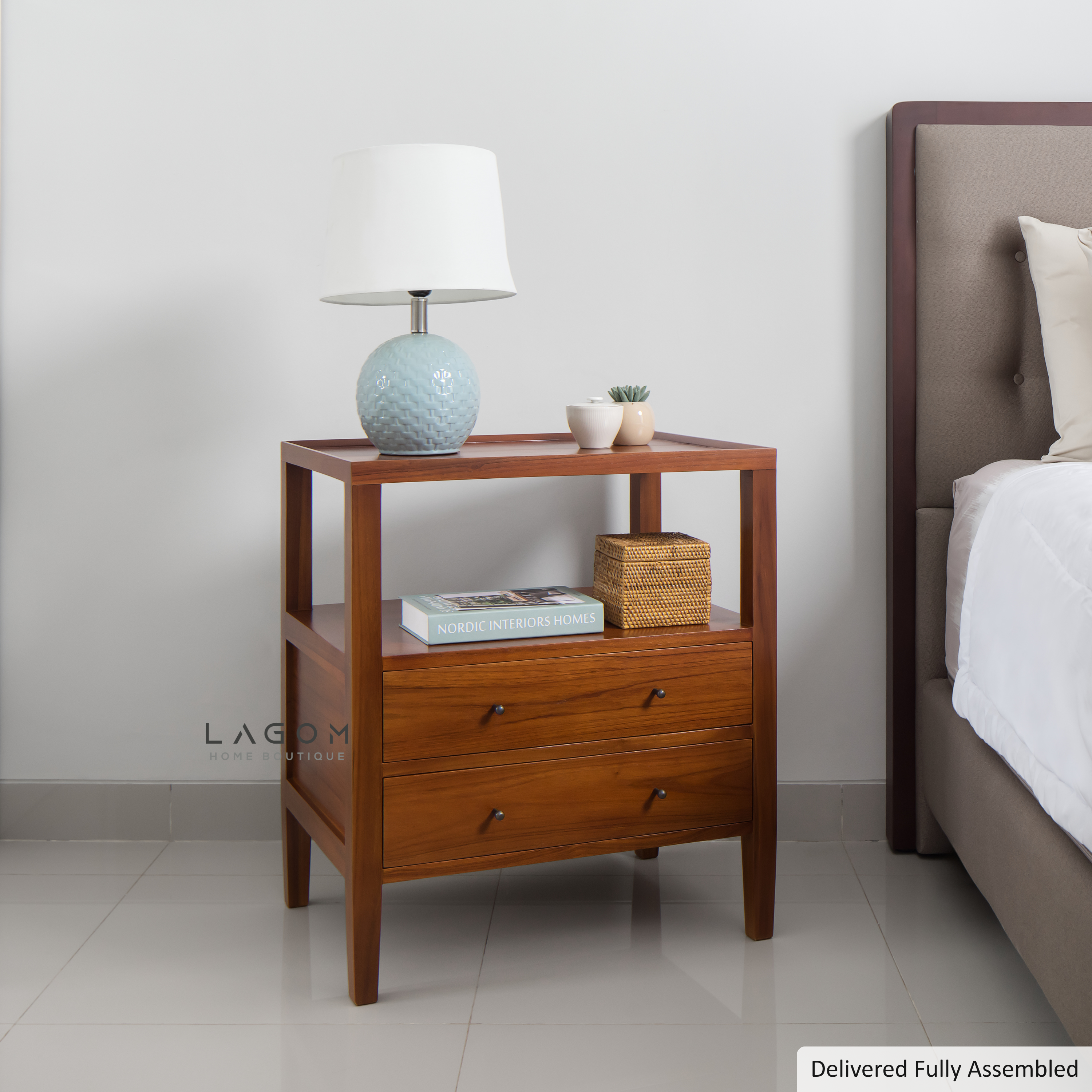 Solid Teak Bedside Table with Shelf & Drawers