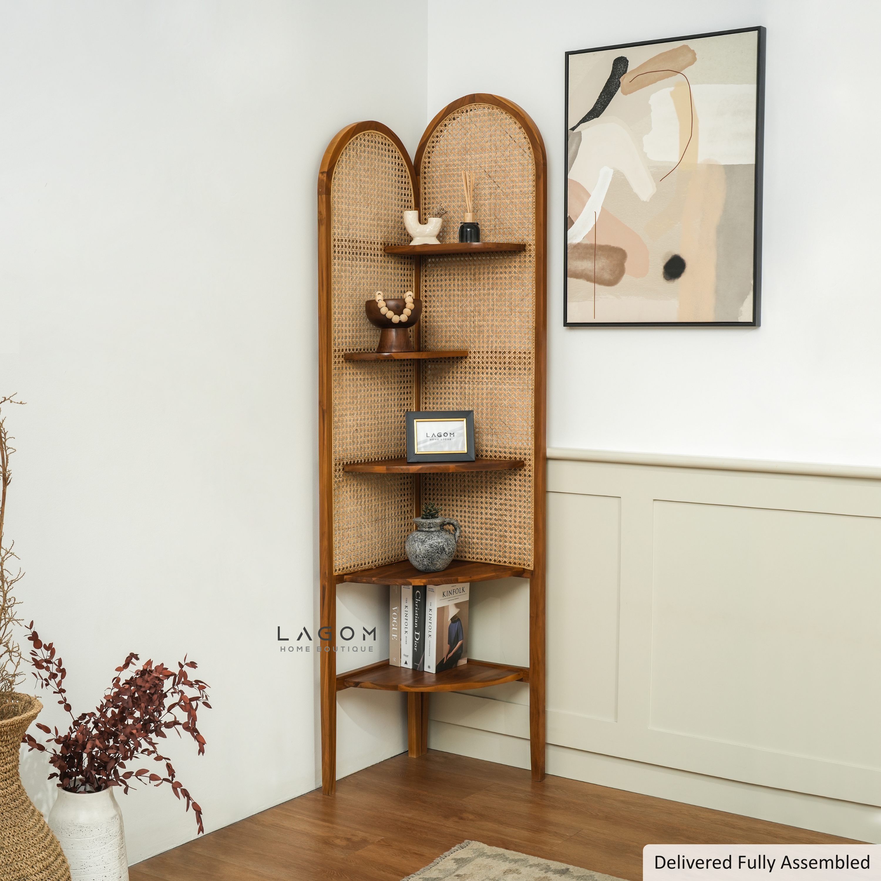 Corner Shelf in Teak Wood & Rattan