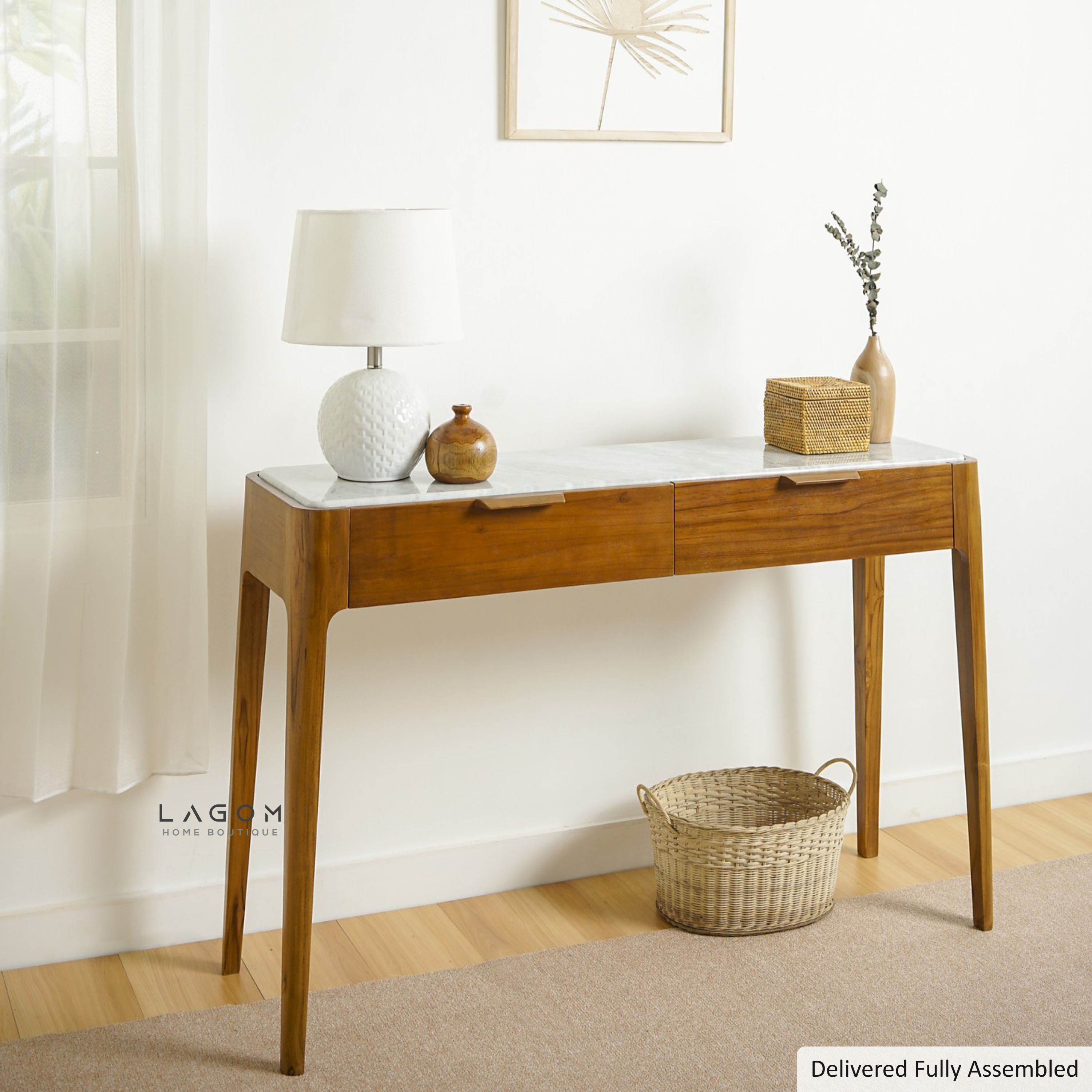 Teak Console Table with Marble Accent