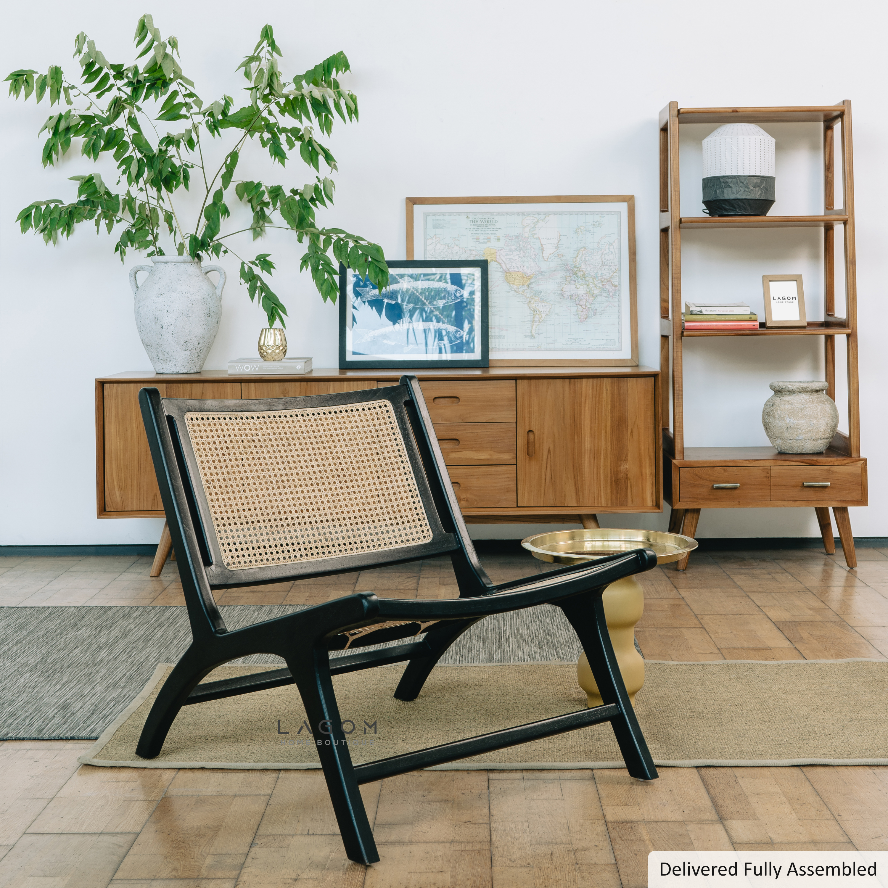 Sleek Black Lounge Chair in Teak and Rattan