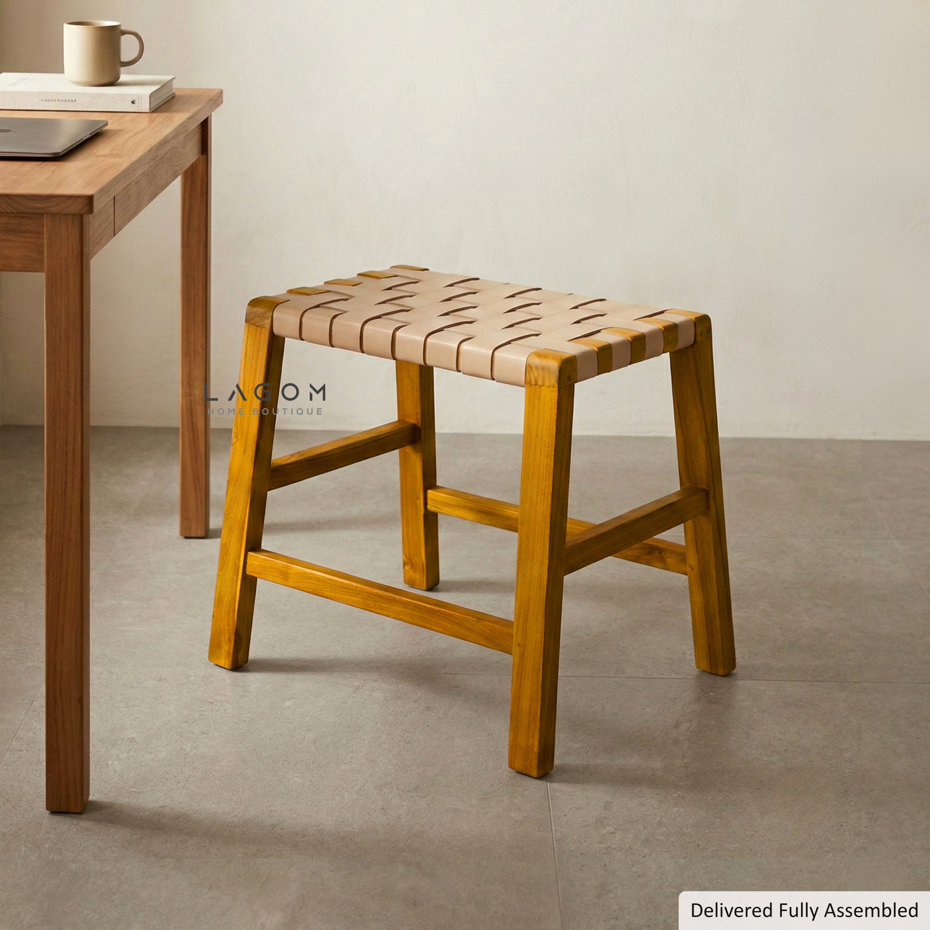 Solid Teak Stool with Handwoven Leather Seat