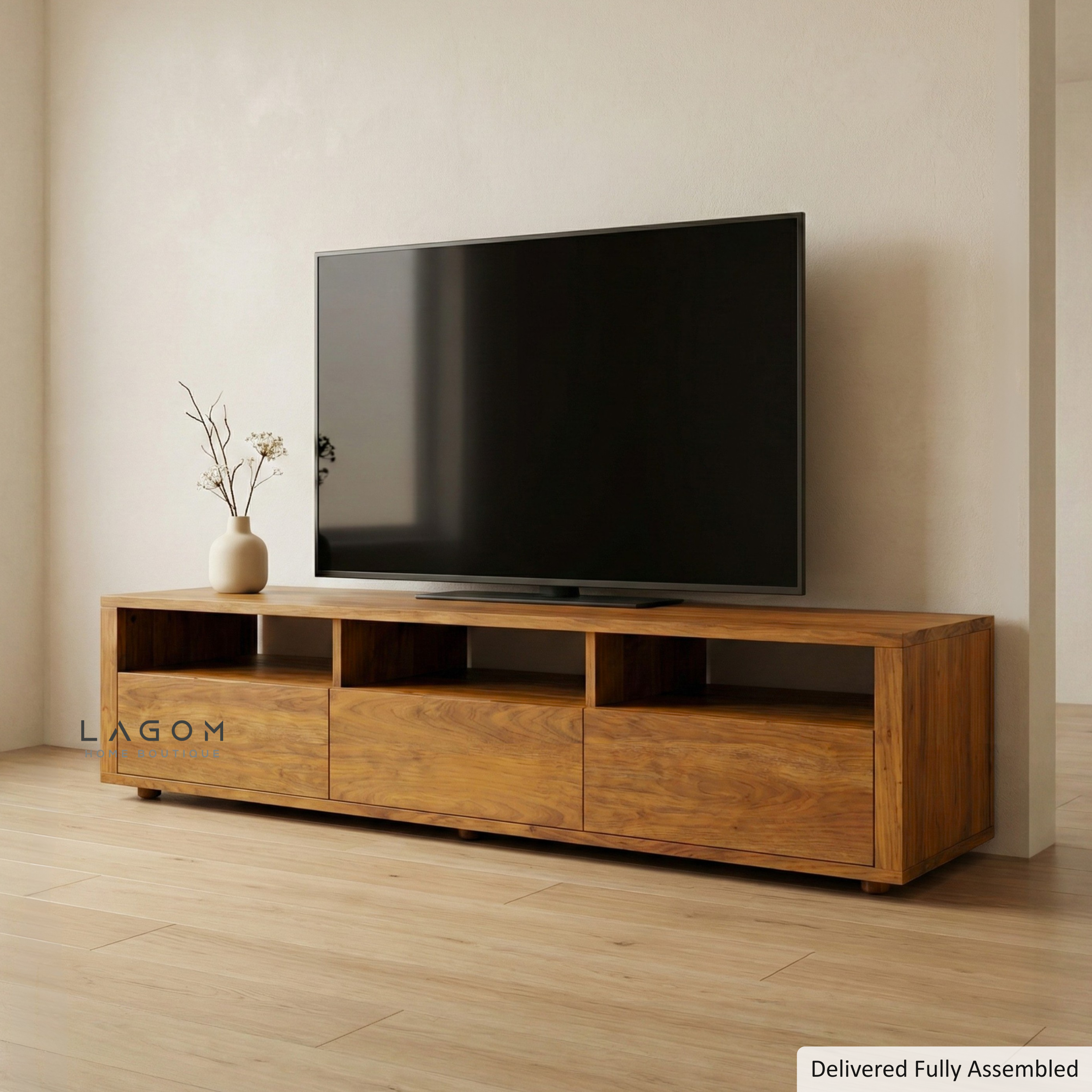 180 cm Solid Teak TV Cabinet – 3 Seamless Drawers