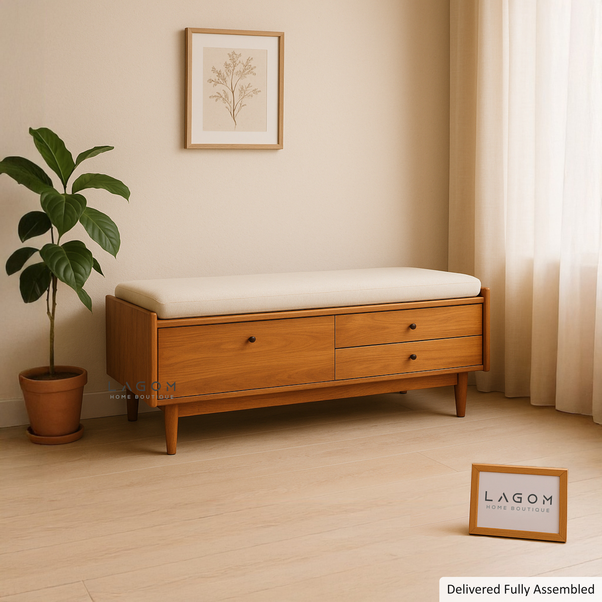 Solid Teak Storage End-of-Bed Bench with Cushion