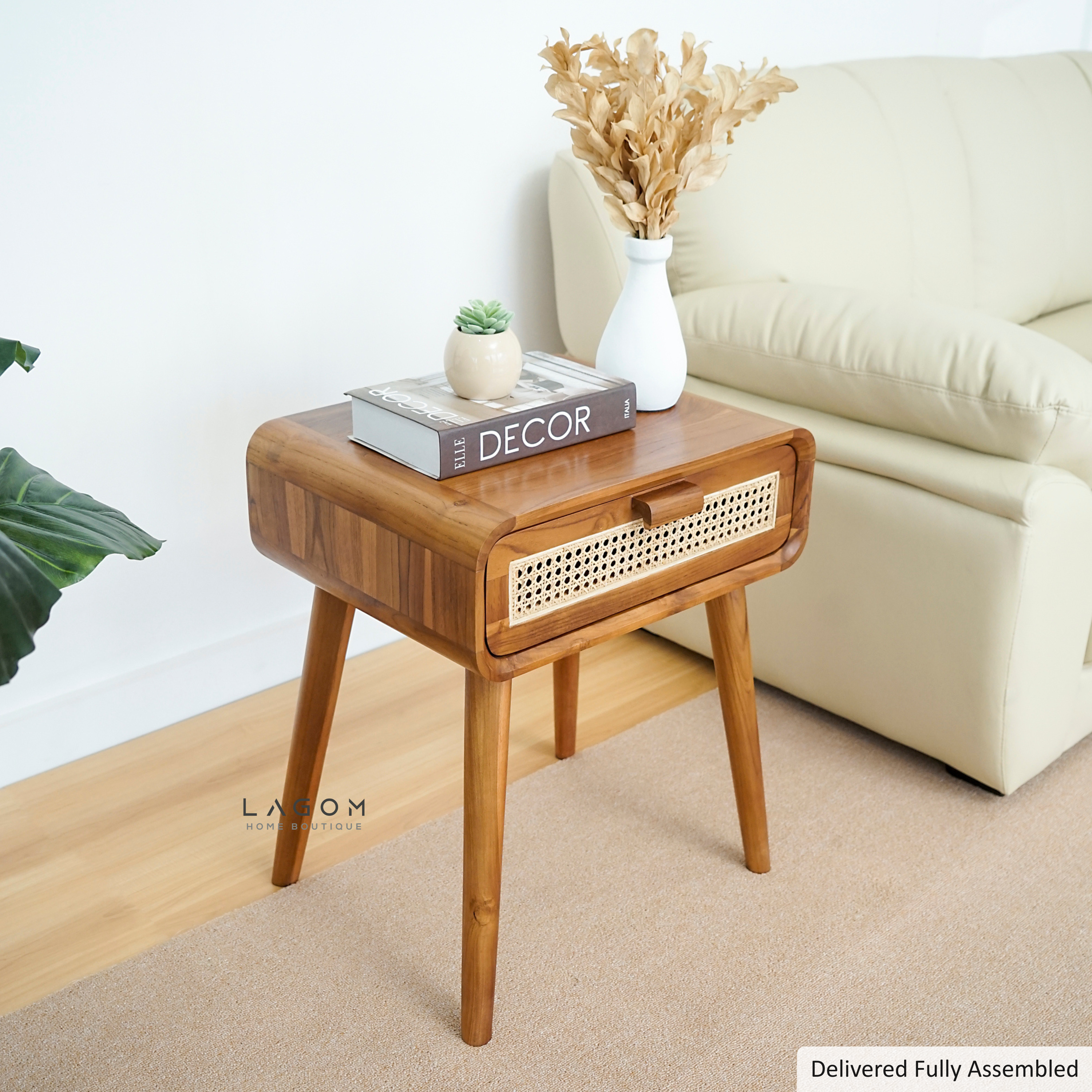 Teak Bedside Table with Rattan Accent
