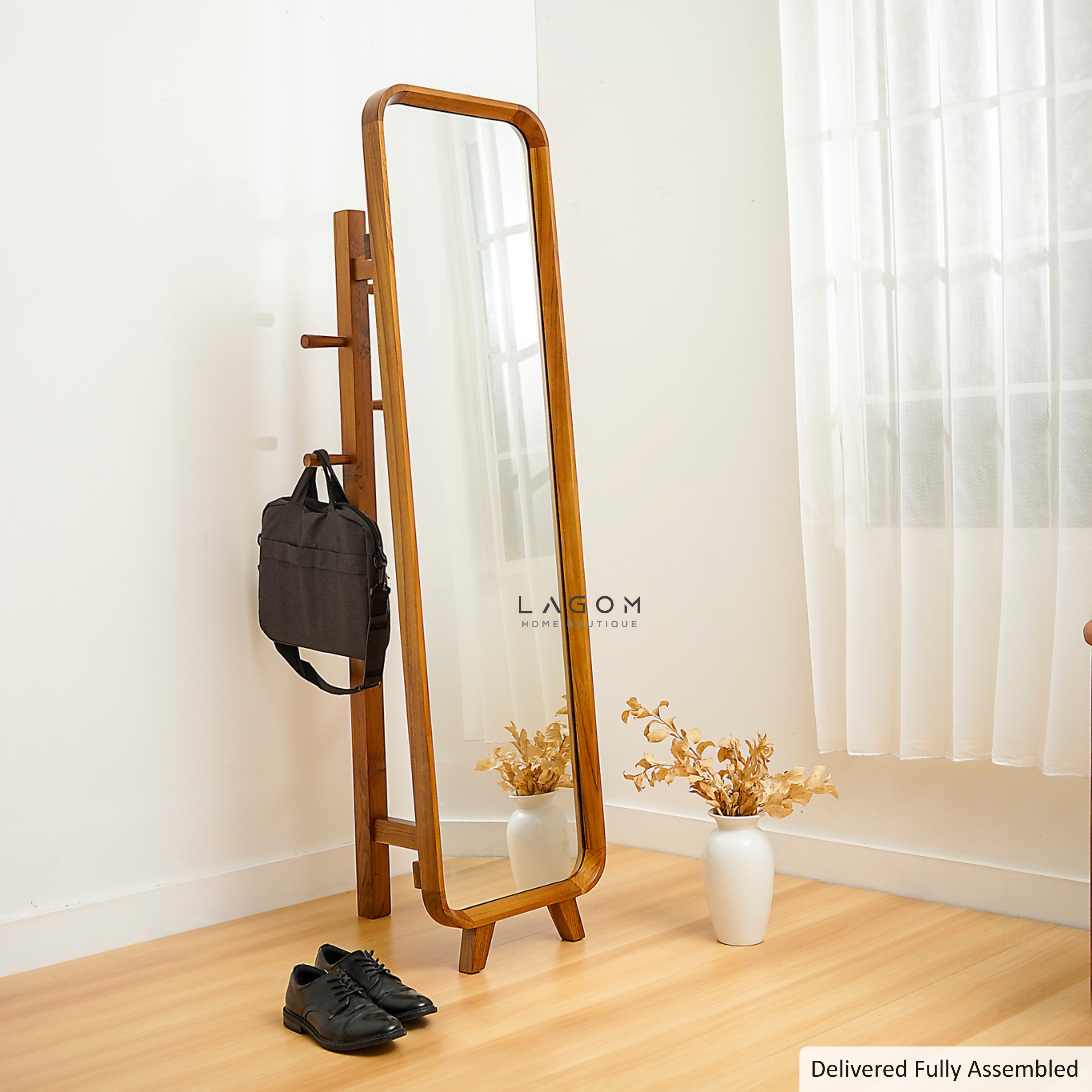 168 cm Teak Standing Mirror with Integrated Hanger