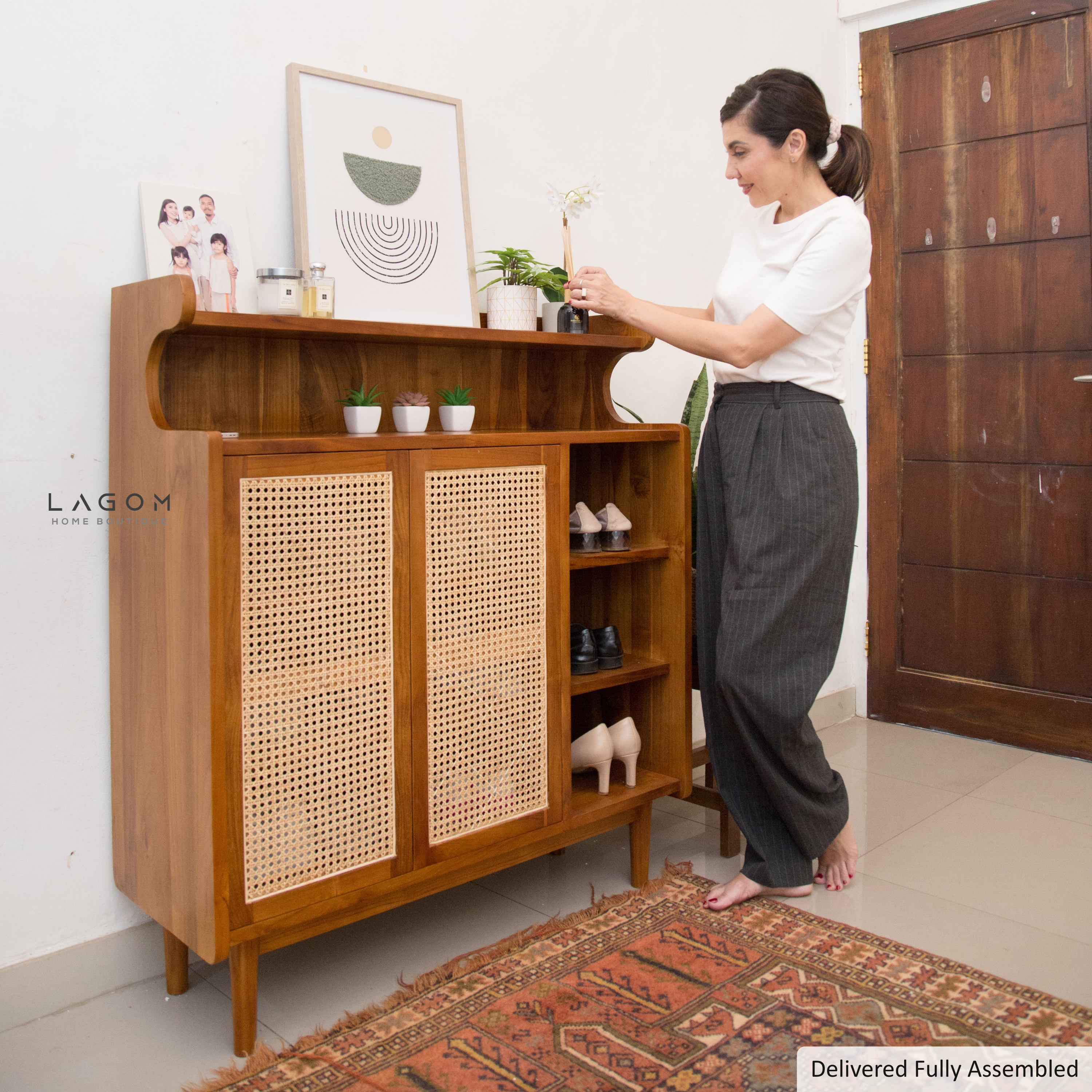 12-Pair Premium Shoe Cabinet in Teak & Rattan