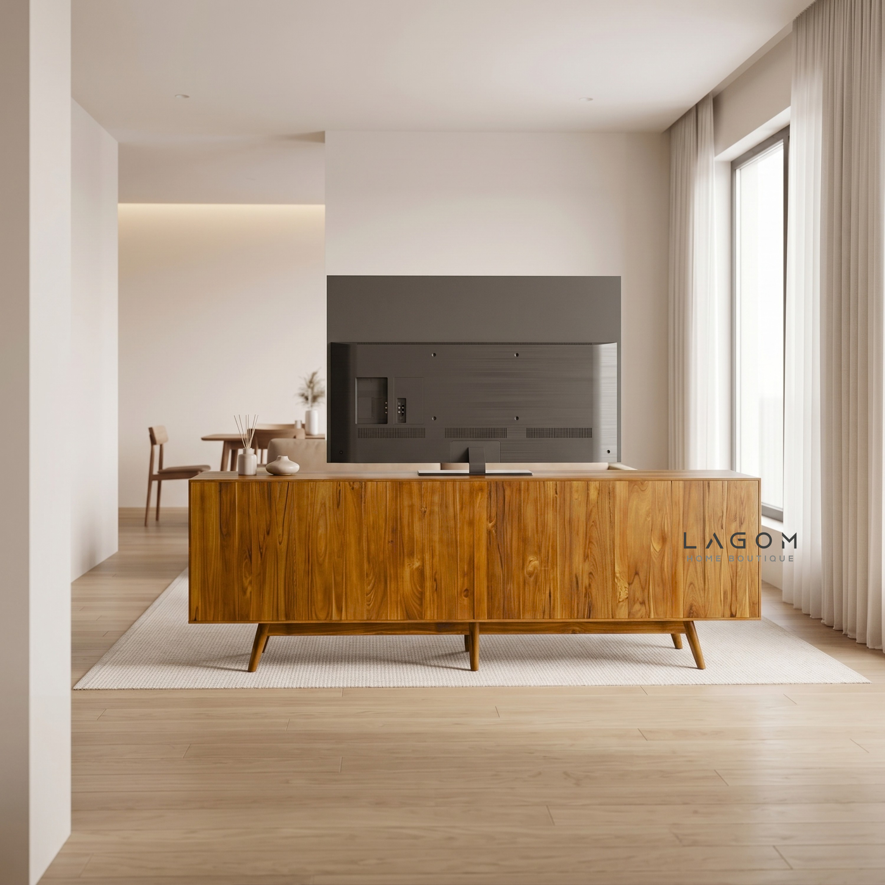 244 cm Teak Wood TV Cabinet with 6 Drawers and 2 Sliding Doors
