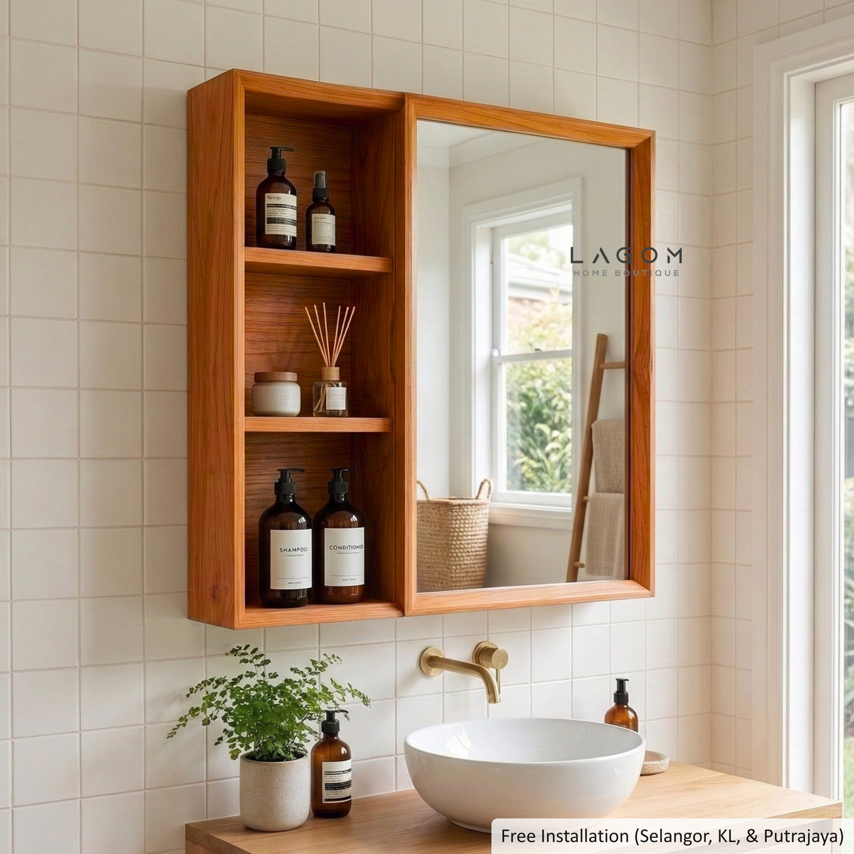 Teak Wall Mirror Cabinet with Storage Shelves