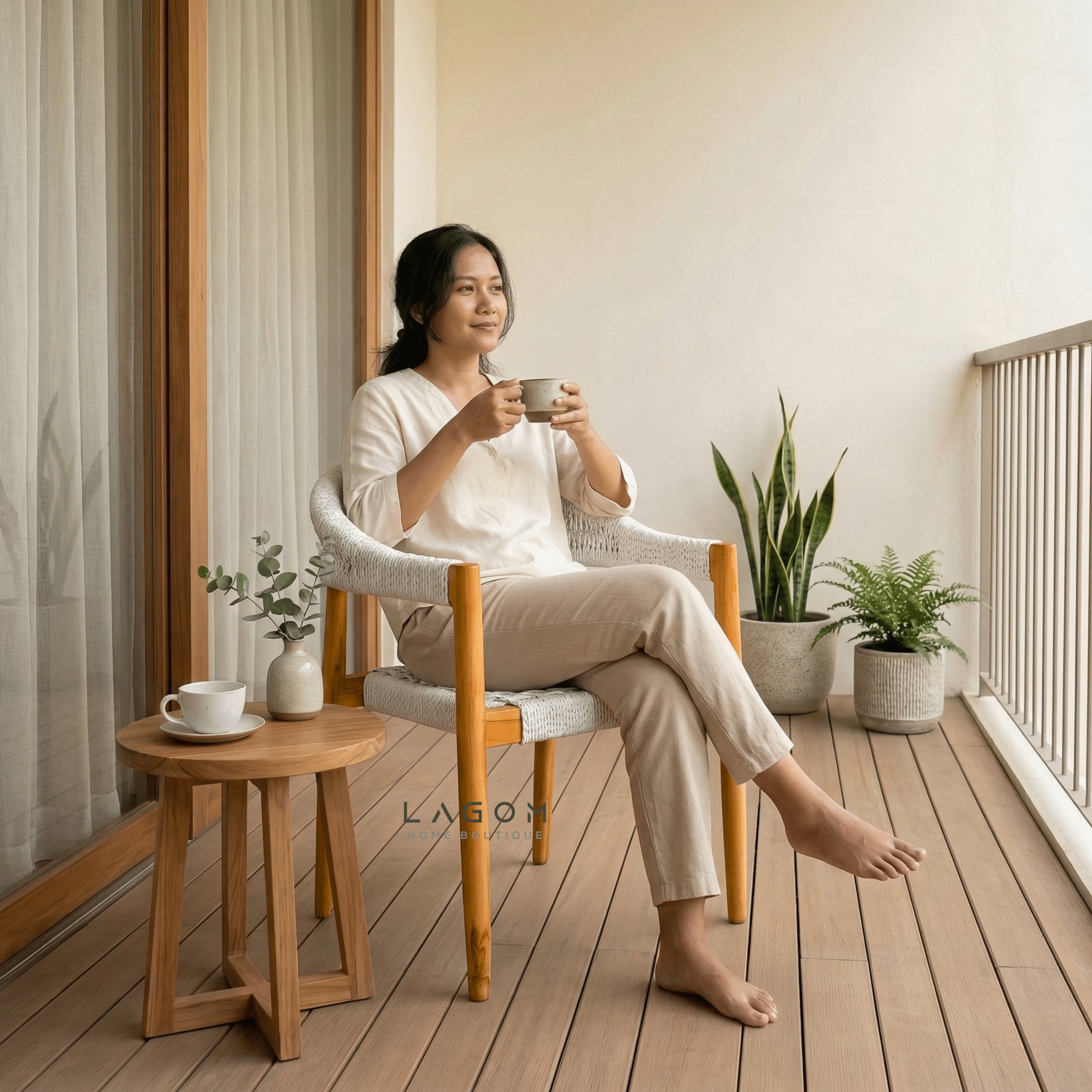Accent Chair in Teak & Handwoven Raffia Rope - Chair - Lagom Home Boutique