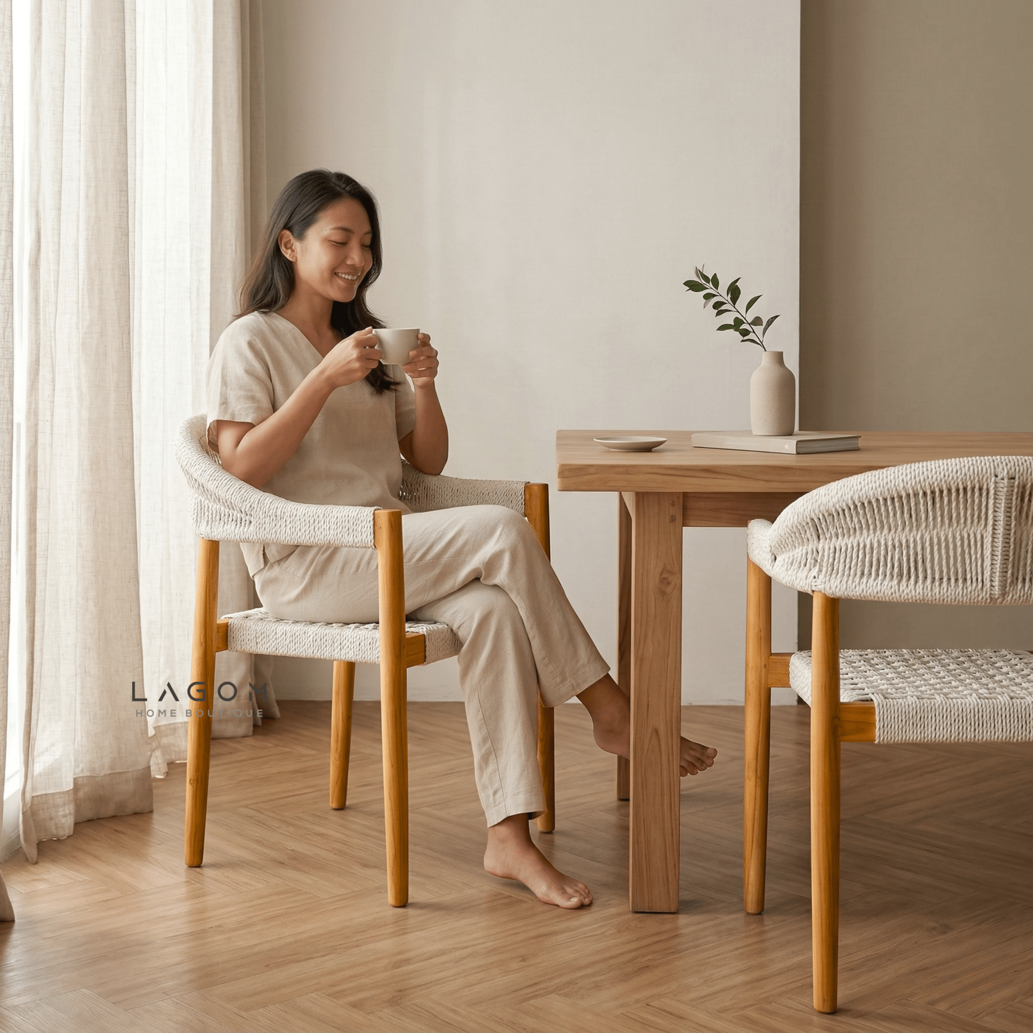 Accent Chair in Teak & Handwoven Raffia Rope - Chair - Lagom Home Boutique