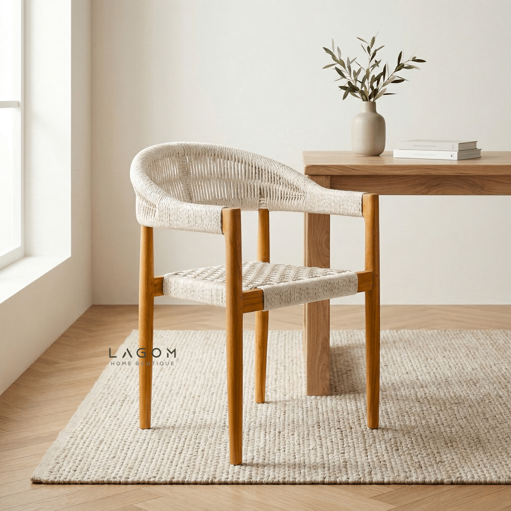 Accent Chair in Teak & Handwoven Raffia Rope - Chair - Lagom Home Boutique