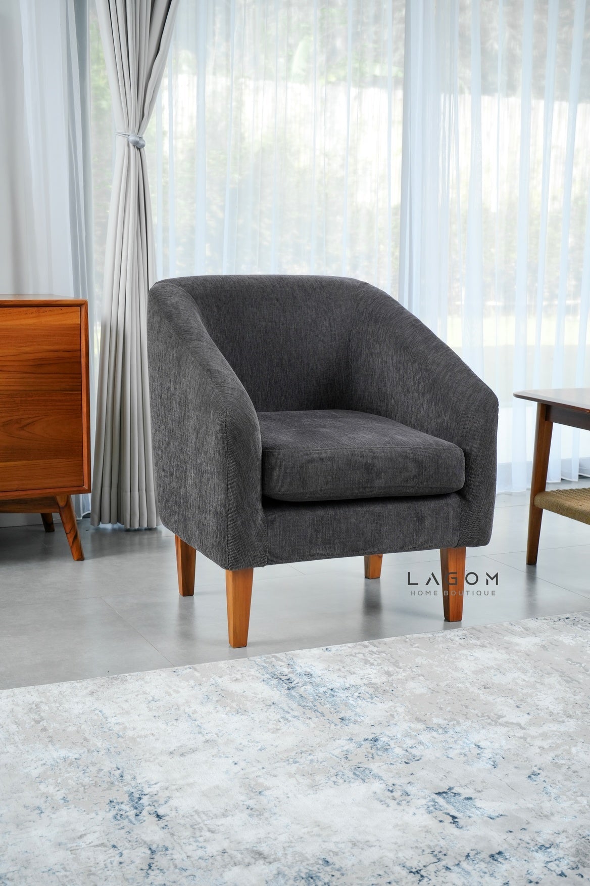 Armchair in Teak & Premium Fabric Upholstery - Chair - Lagom Home Boutique