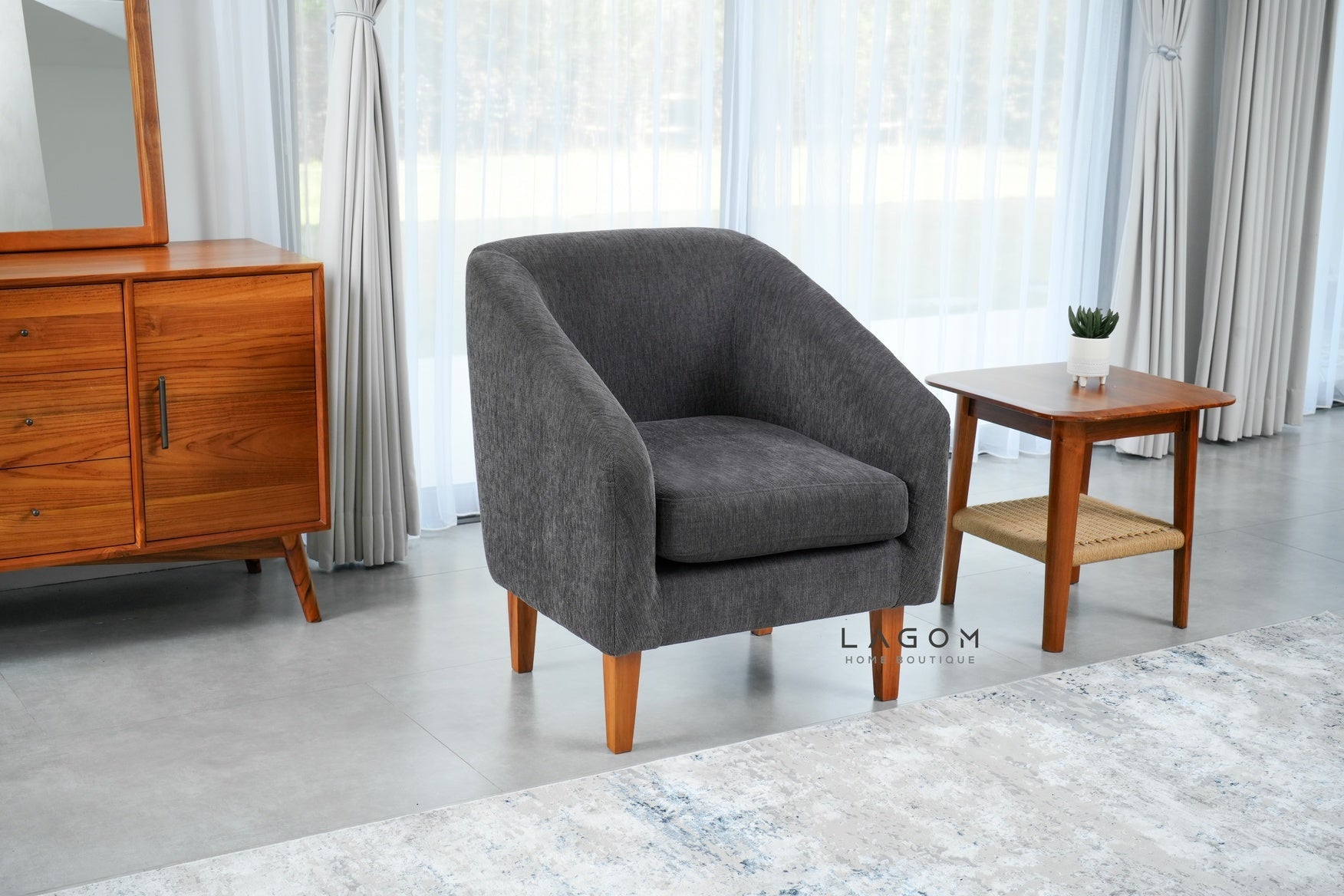 Armchair in Teak & Premium Fabric Upholstery - Chair - Lagom Home Boutique