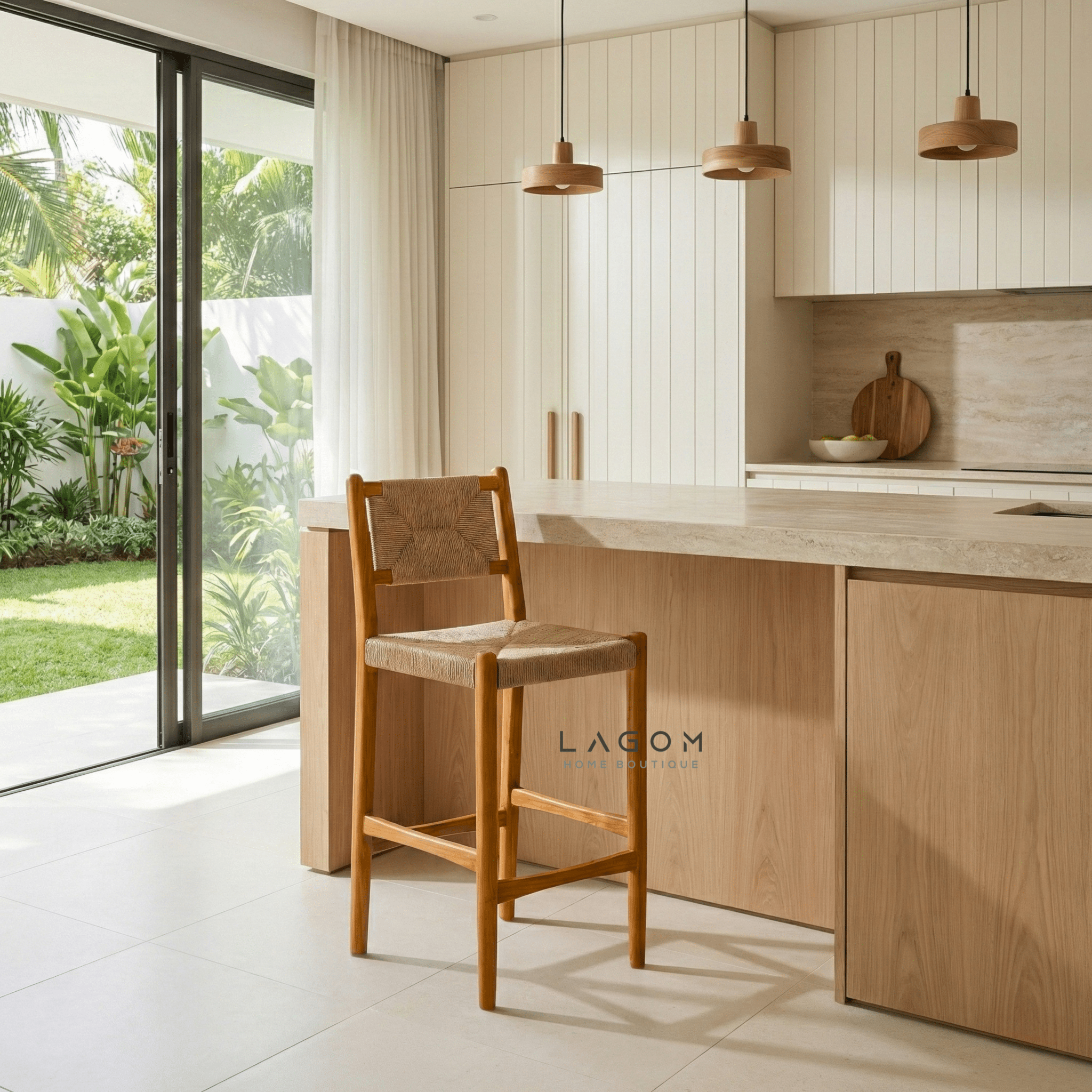 Artisan Bar Stool in Solid Teak & Handwoven Paper Loom - Bar Stool - Lagom Home Boutique