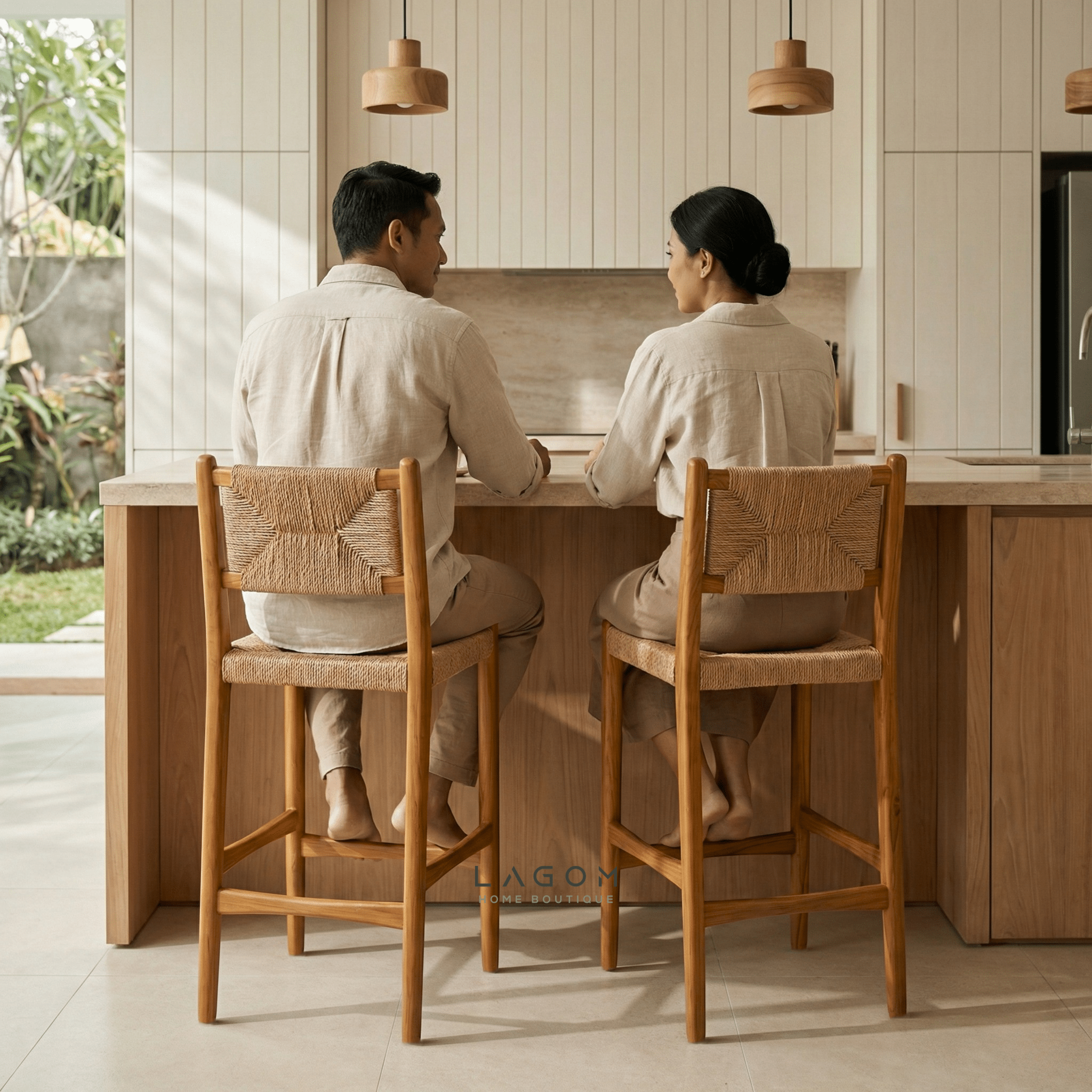 Artisan Bar Stool in Solid Teak & Handwoven Paper Loom - Bar Stool - Lagom Home Boutique
