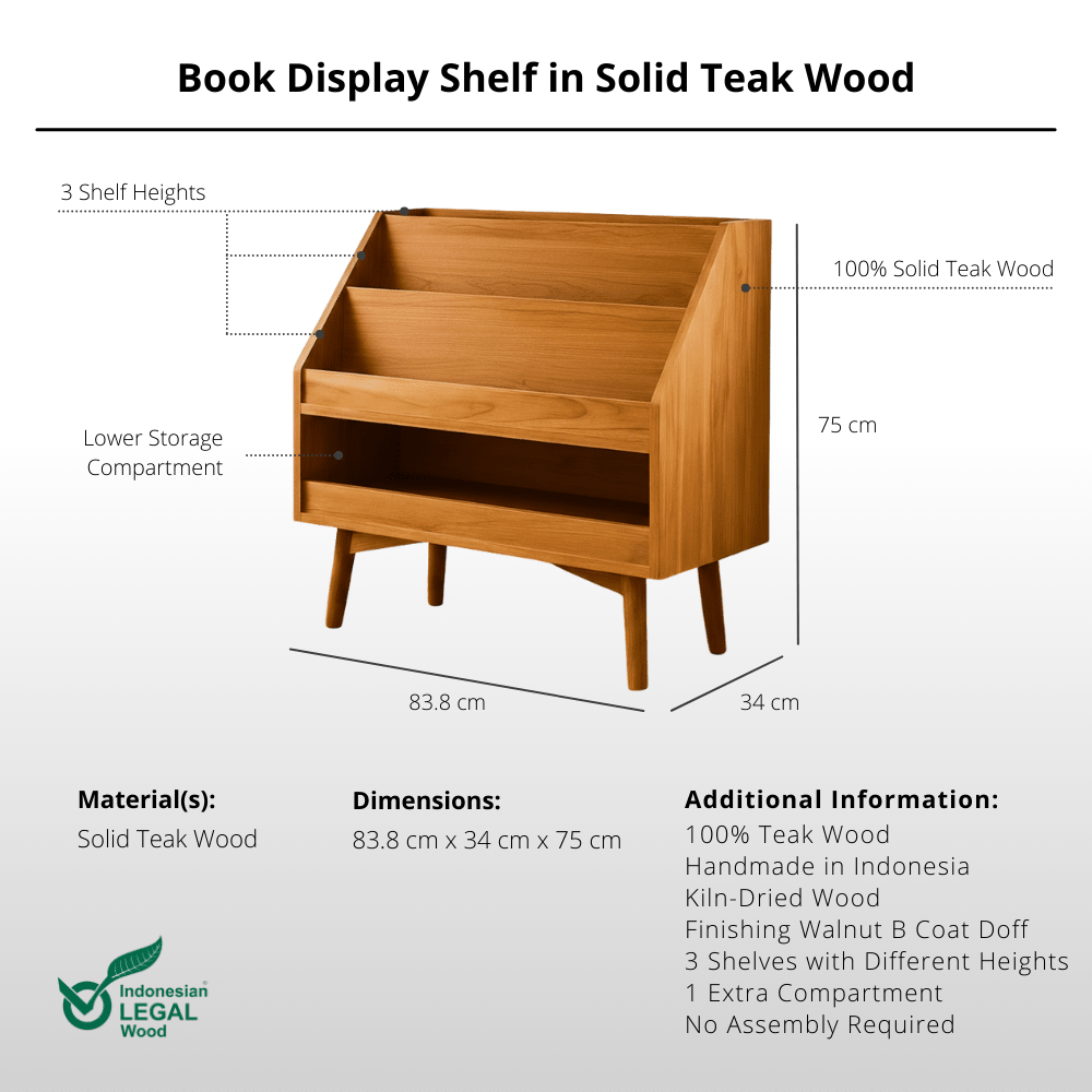 Book Display Shelf in Solid Teak Wood - Bookshelves - Lagom Home Boutique