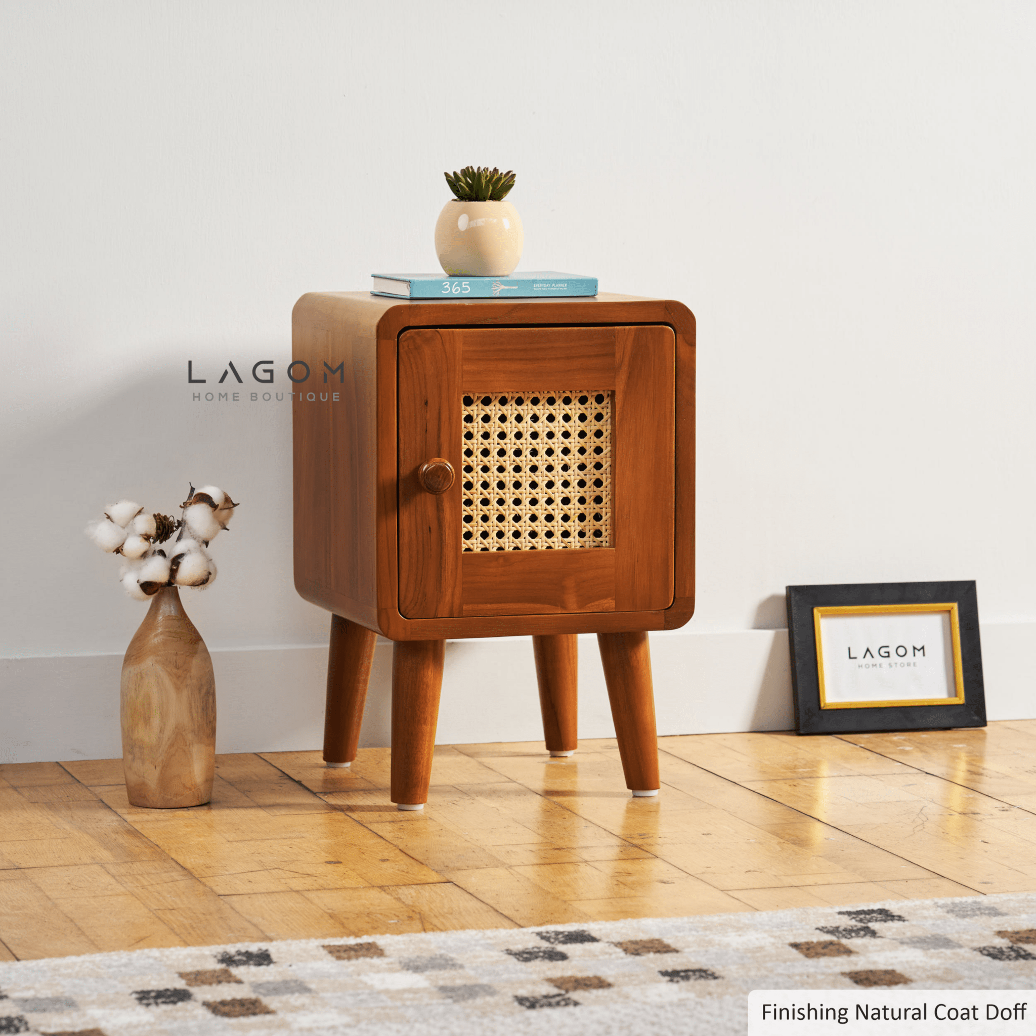 Compact Teak Side Table with Rattan Door - Side Table - Lagom Home Boutique