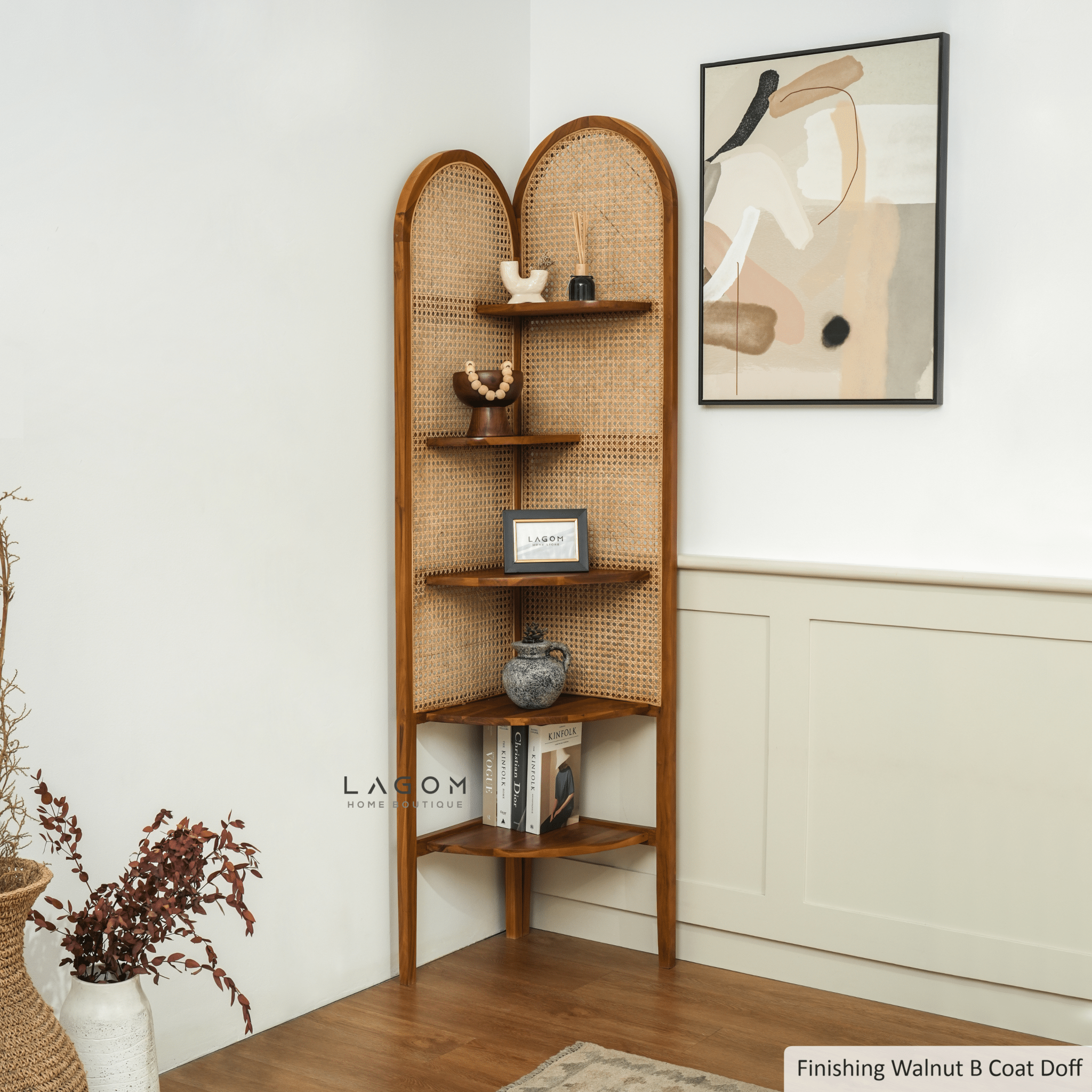 Corner Shelf in Teak Wood & Premium Rattan - Bookshelves - Lagom Home Boutique