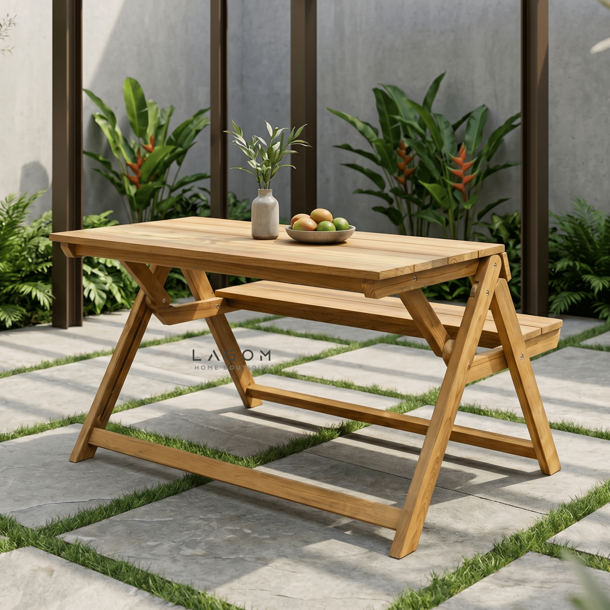 Foldable Outdoor Table with Built-In Bench — Quality Reclaimed Teak Wood-Outdoor Table-Lagom Home Boutique