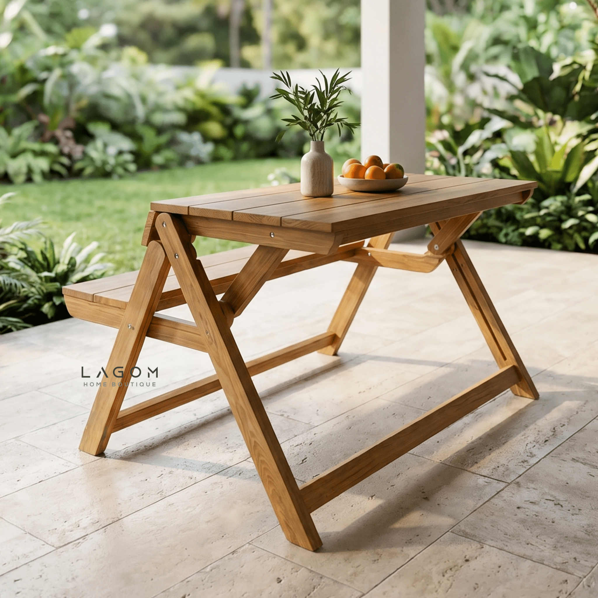 Foldable Outdoor Table with Built-In Bench — Quality Reclaimed Teak Wood-Outdoor Table-Lagom Home Boutique