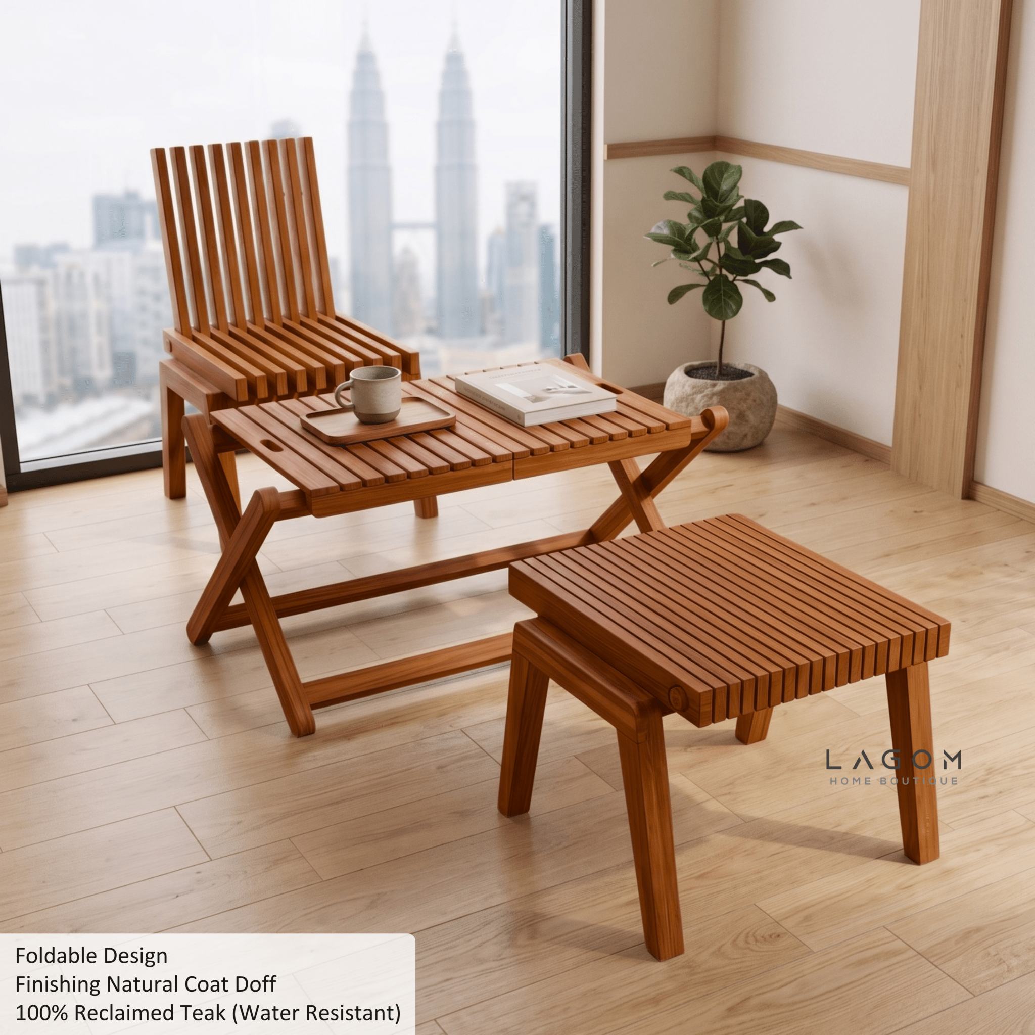 Folding Outdoor Table & Chair Set | Solid Reclaimed Teak-Outdoor Table Set-Lagom Home Boutique