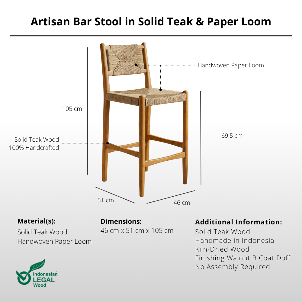 Artisan Bar Stool in Solid Teak & Handwoven Paper Loom