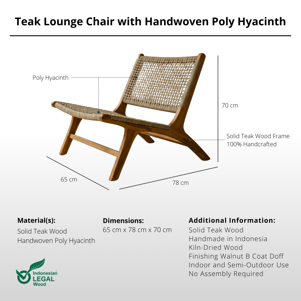 Solid Teak Lounge Chair with Handwoven Poly Hyacinth