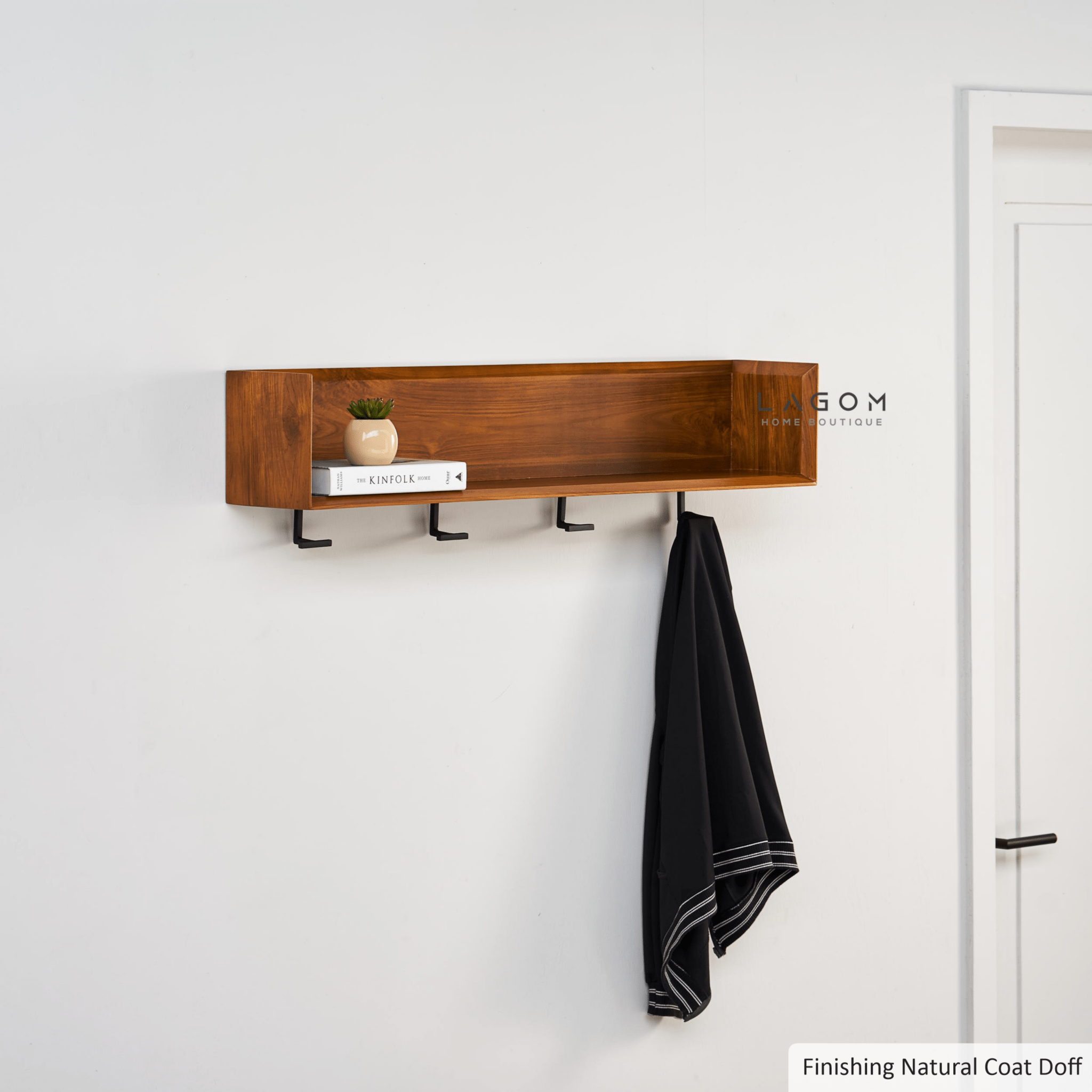 Minimalist Teak Wall Hanger with Display Shelf - Wall Coat Hanger - Lagom Home Boutique