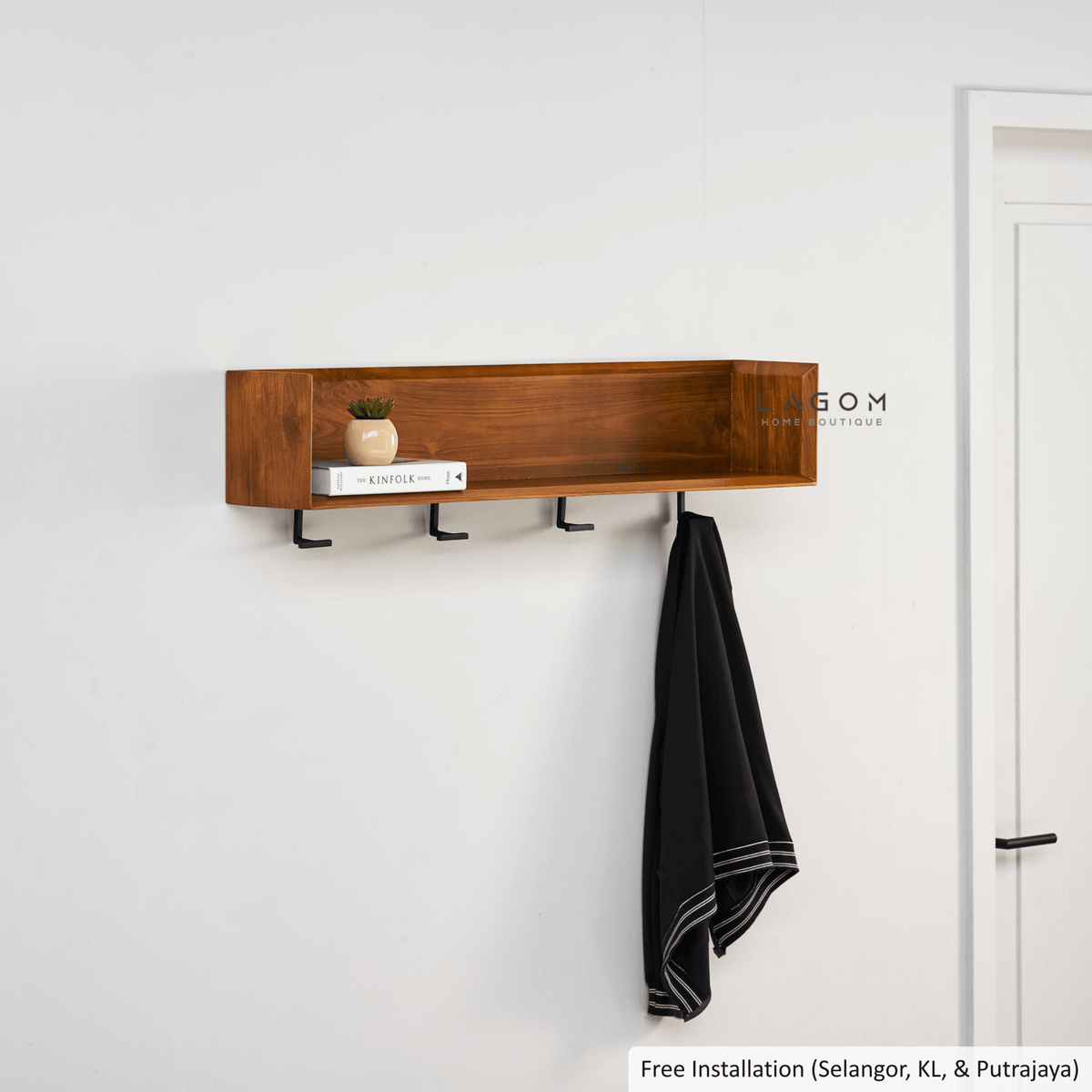 Minimalist Teak Wall Hanger with Display Shelf-Wall Coat Hanger-Lagom Home Boutique