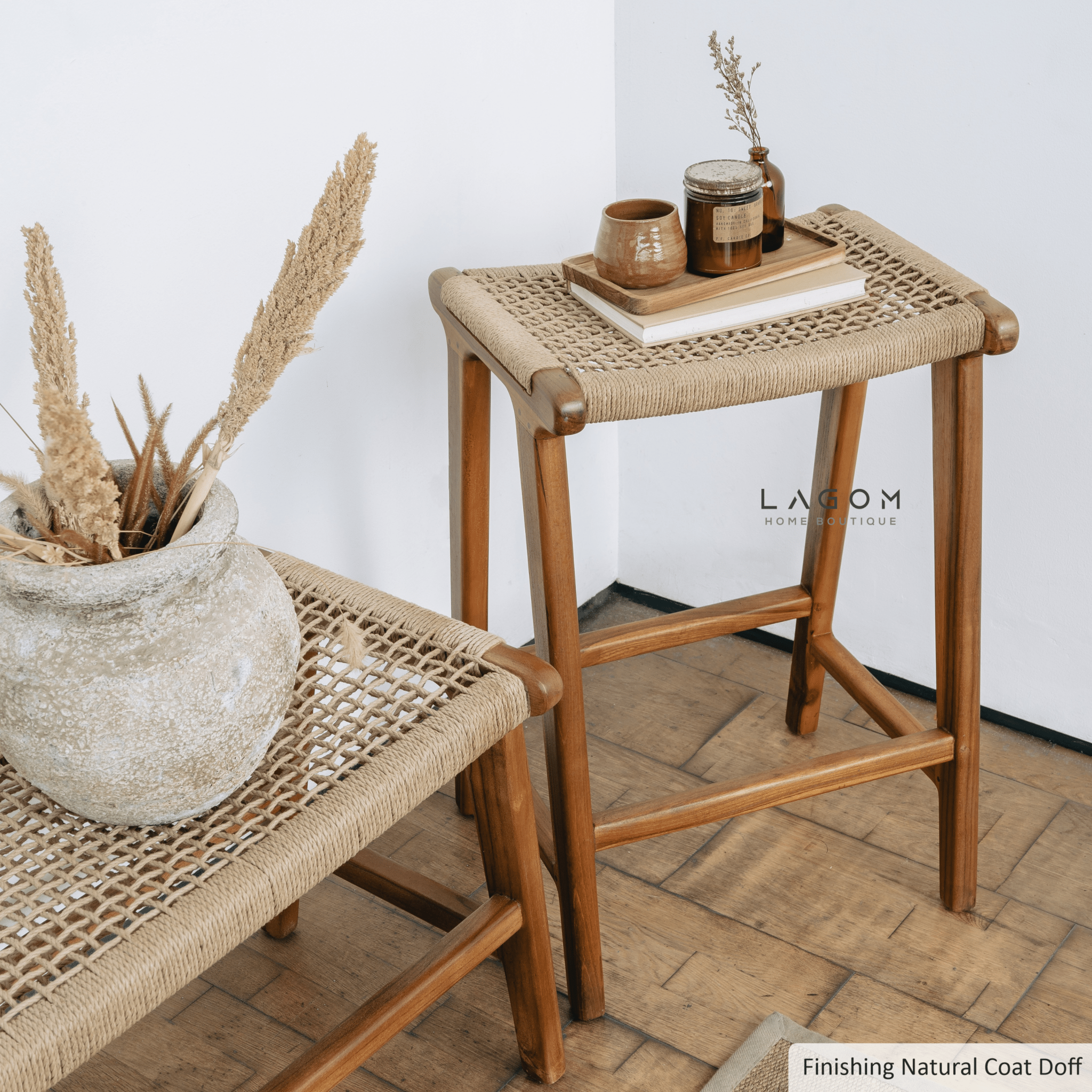 Premium Bar Stool in Teak Wood & Loom - Bar Stool - Lagom Home Boutique