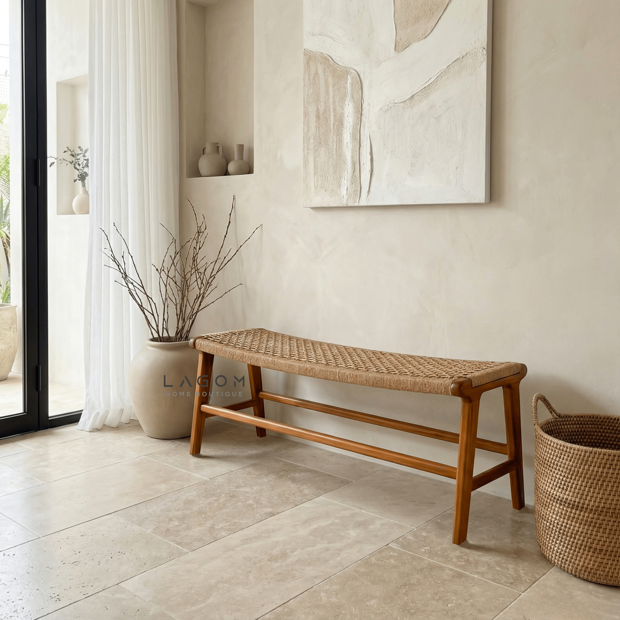 Premium Bench in Teak Wood & Loom - Bench - Lagom Home Boutique