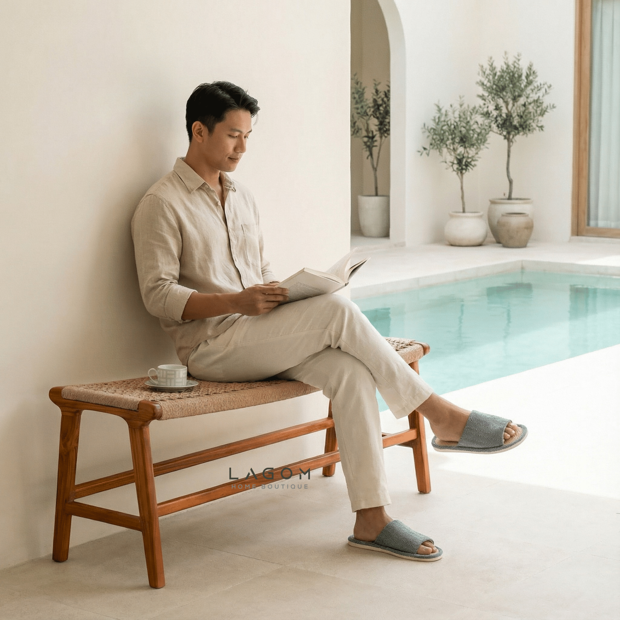 Premium Bench in Teak Wood & Loom - Bench - Lagom Home Boutique