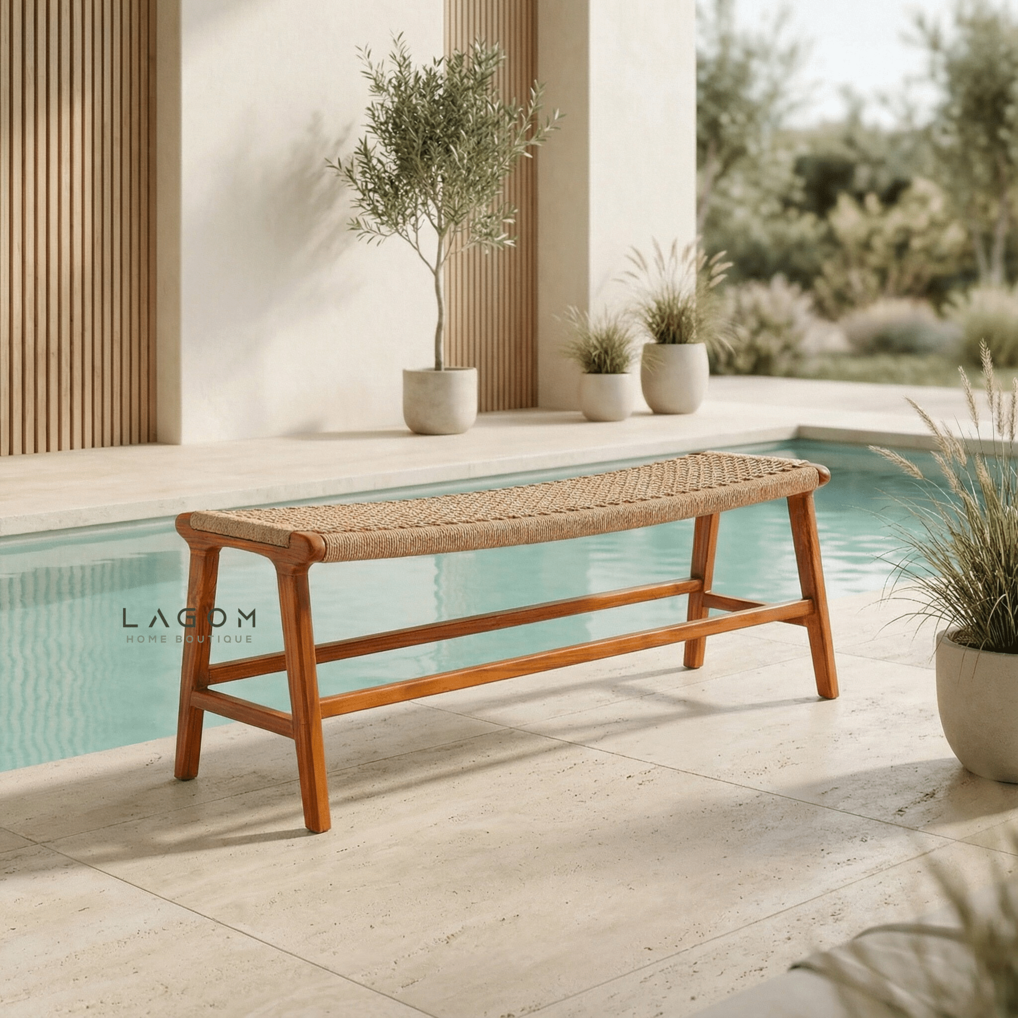Premium Bench in Teak Wood & Loom - Bench - Lagom Home Boutique