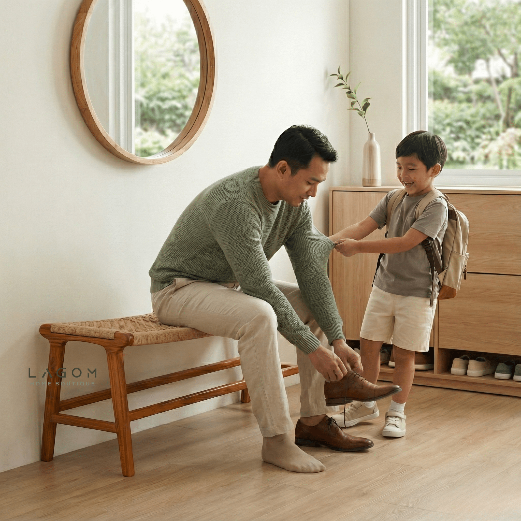 Premium Bench in Teak Wood & Loom - Bench - Lagom Home Boutique