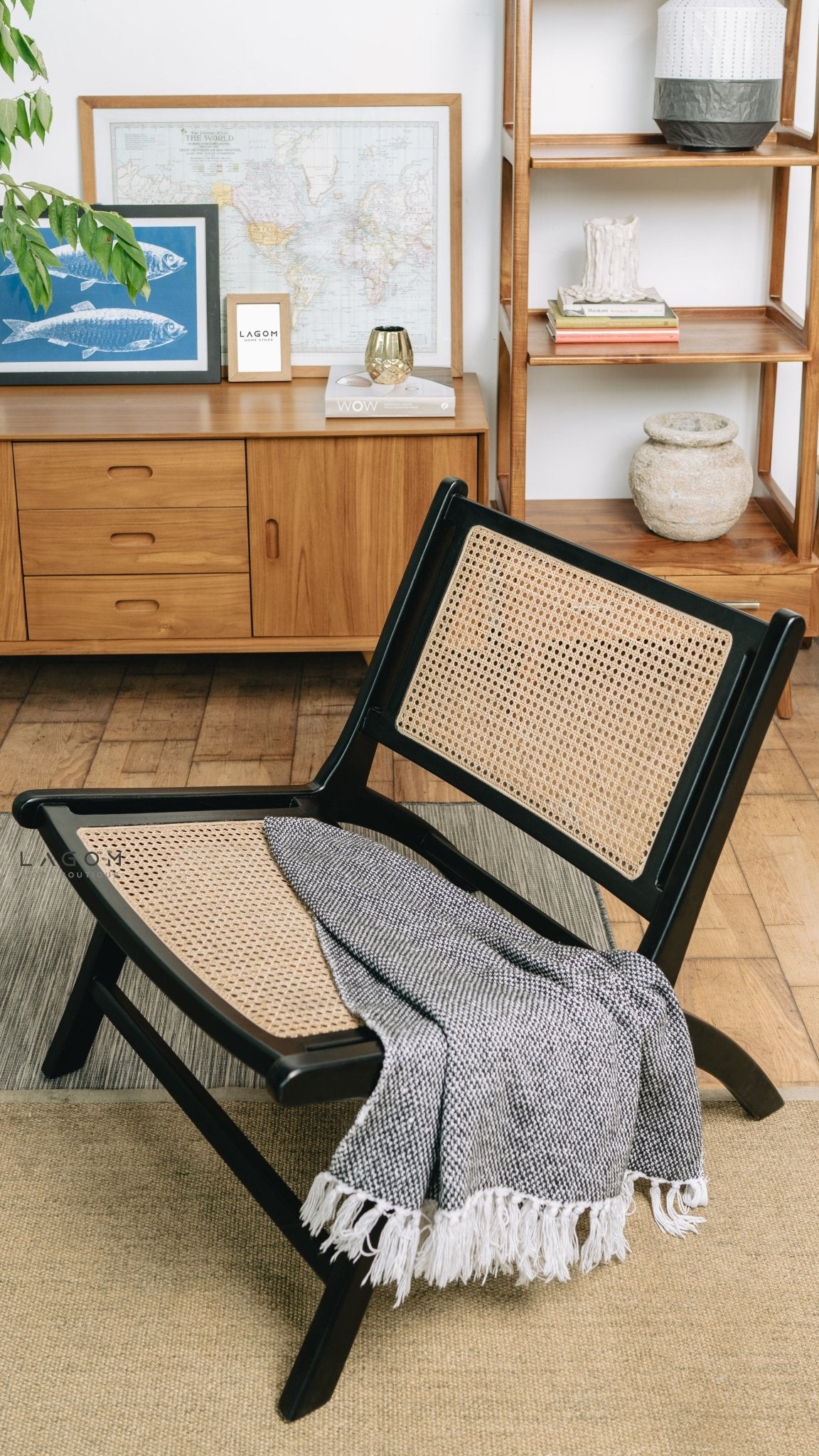 Sleek Black Lounge Chair in Teak and Rattan - Chair - Lagom Home Boutique