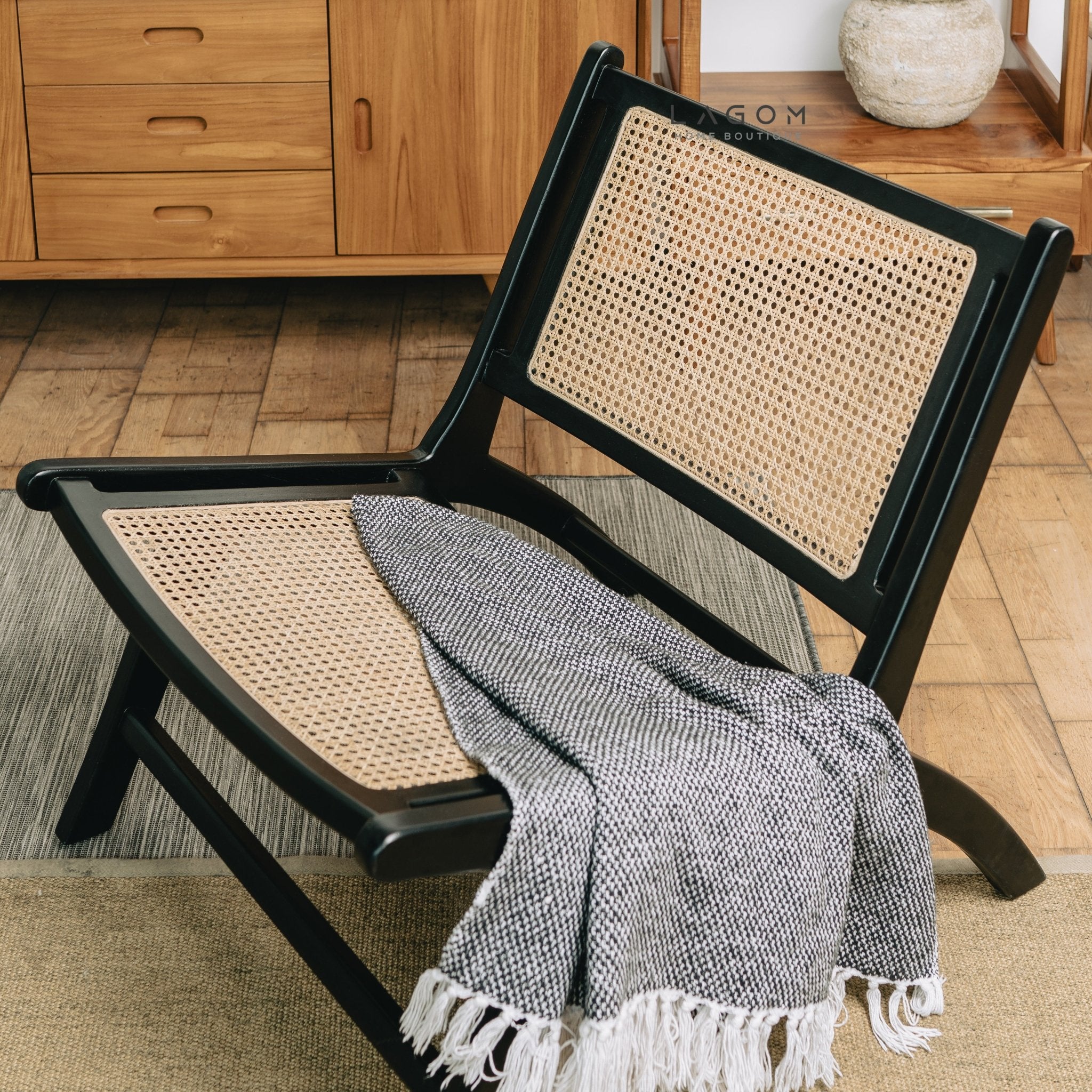 Sleek Black Lounge Chair in Teak and Rattan - Chair - Lagom Home Boutique